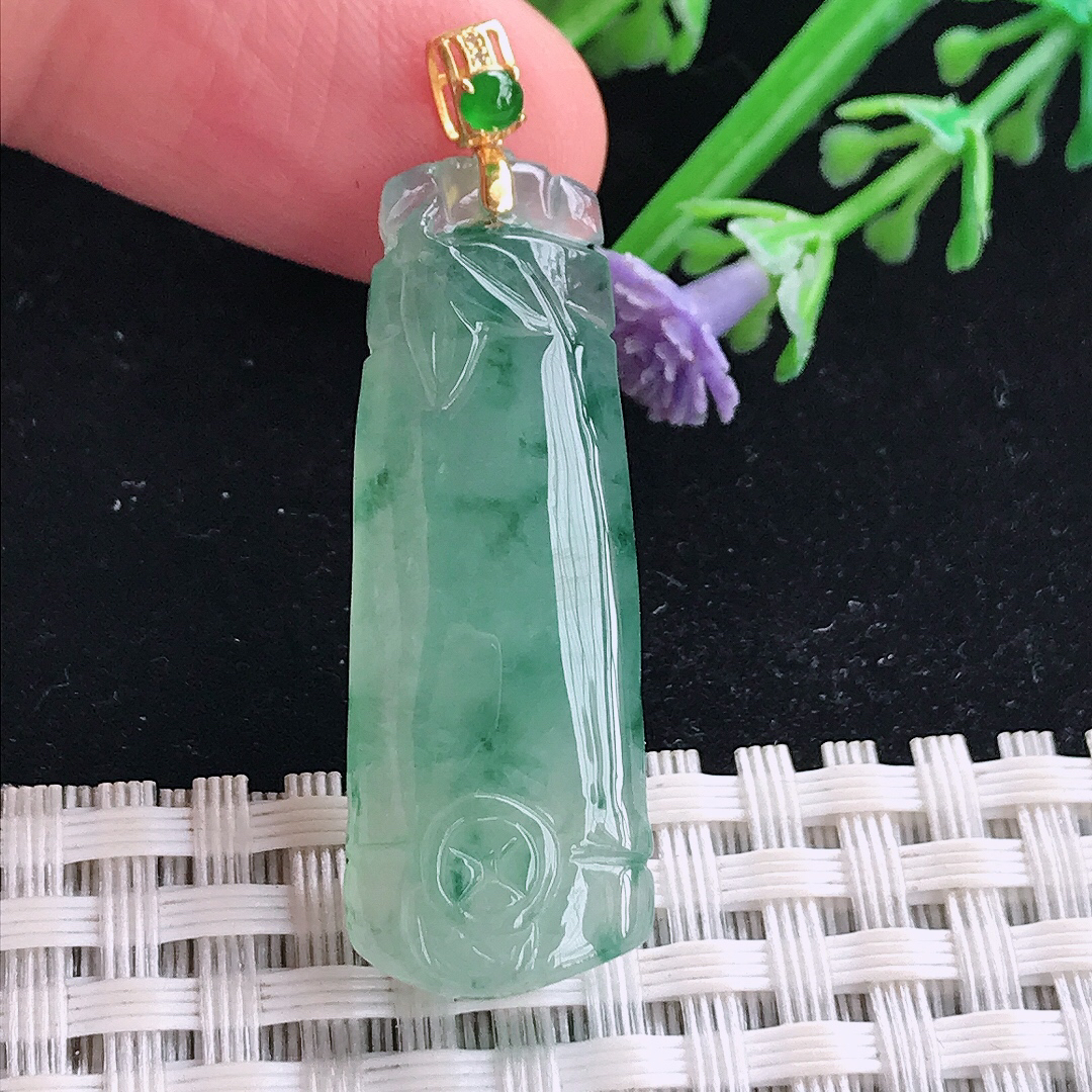 实拍A货翡翠36.3/13.4/6老坑18k金镶嵌冰胶果冻冰飘花节节高吊坠翡翠竹节