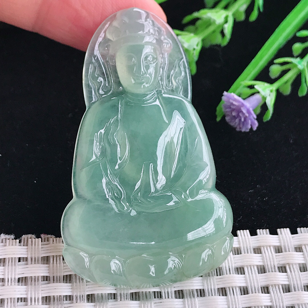 实拍A货翡翠53.7/33.2/5.6老坑冰种果冻冰晴绿素衣观音吊坠翡翠玉牌