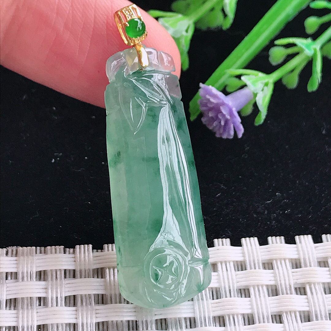 实拍A货翡翠36.3/13.4/6老坑18k金镶嵌冰胶果冻冰飘花节节高吊坠翡翠竹节