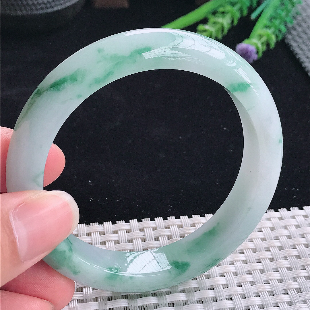 实拍A货翡翠57.5/12.6/8.7老坑冰润起胶飘蓝花手镯翡翠飘花玉镯平安镯