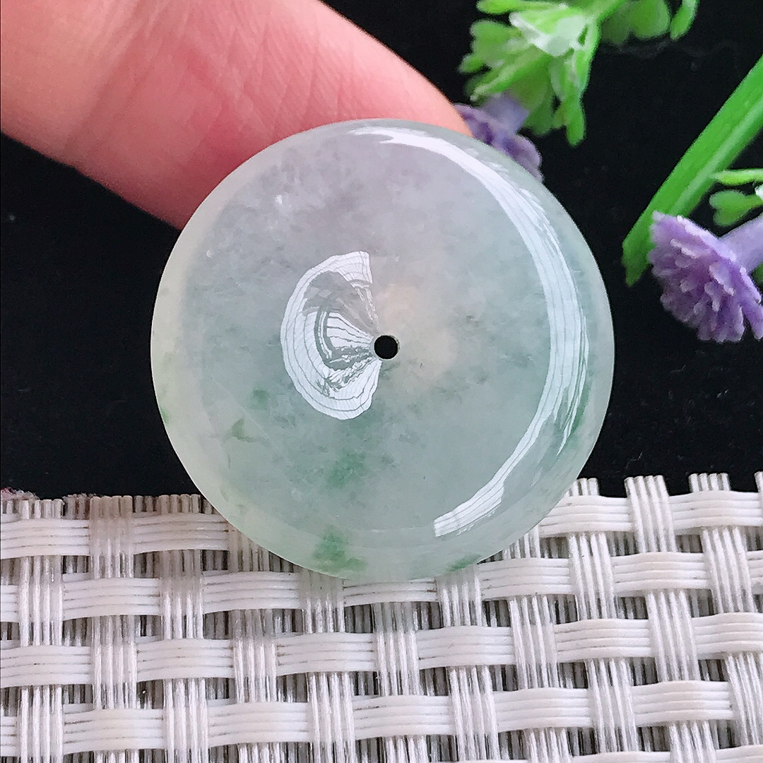 实拍A货翡翠28/6.2老坑冰胶水灵冰飘花平安扣吊坠翡翠玉扣挂件