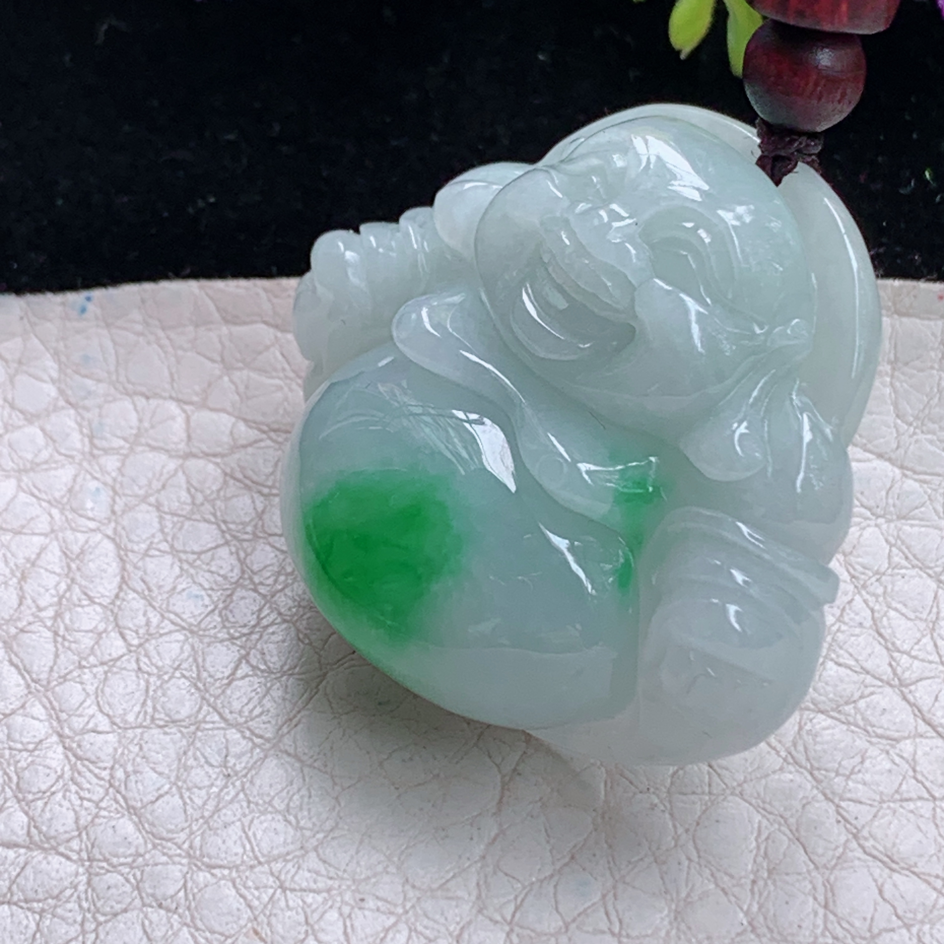 zen实拍34*39*12.8缅甸翡翠飘阳绿佛公吊坠大肚弥勒佛像项坠白底青