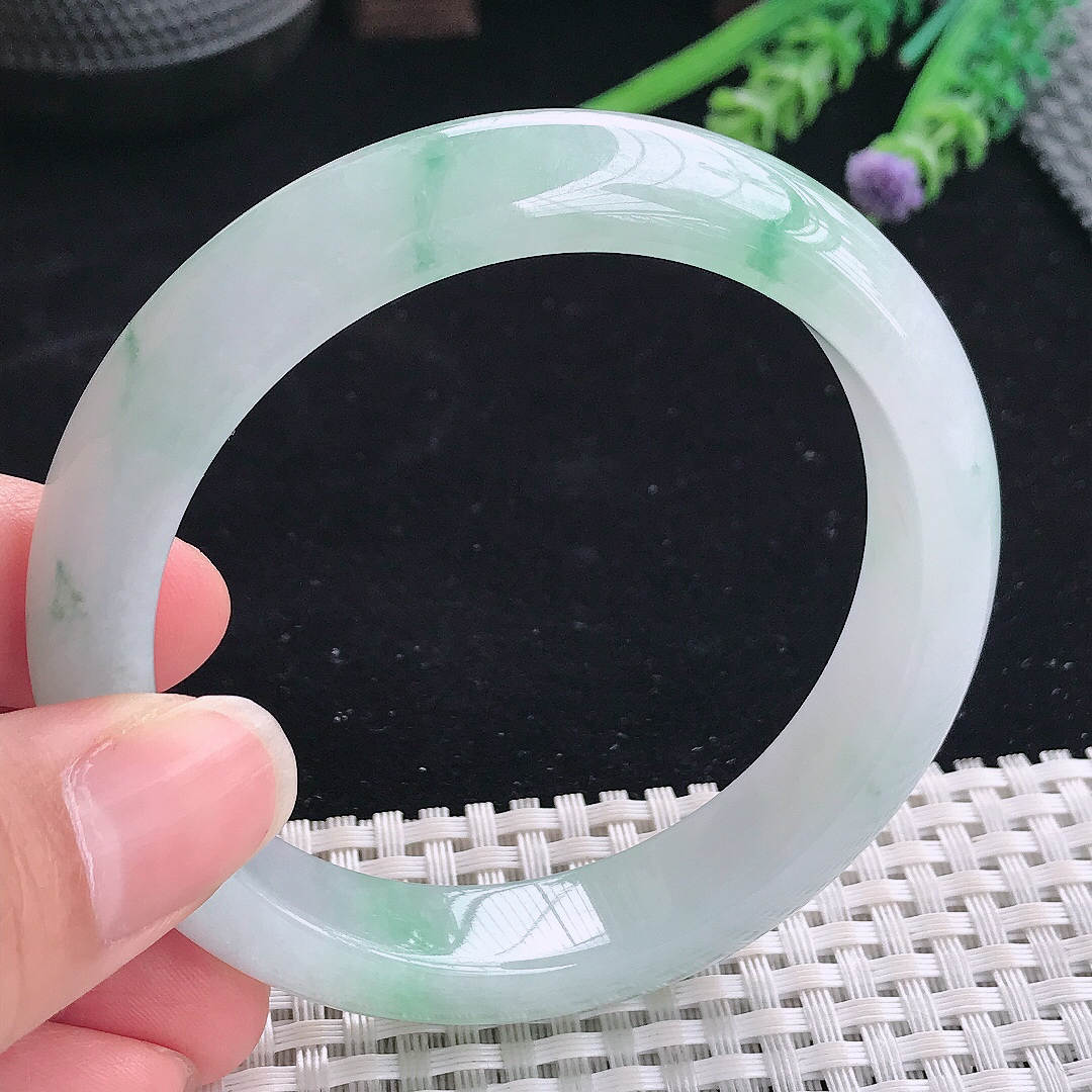 实拍A货翡翠58/13/8.5老坑冰润起胶冰飘花手镯翡翠宽边玉镯平安镯美人镯