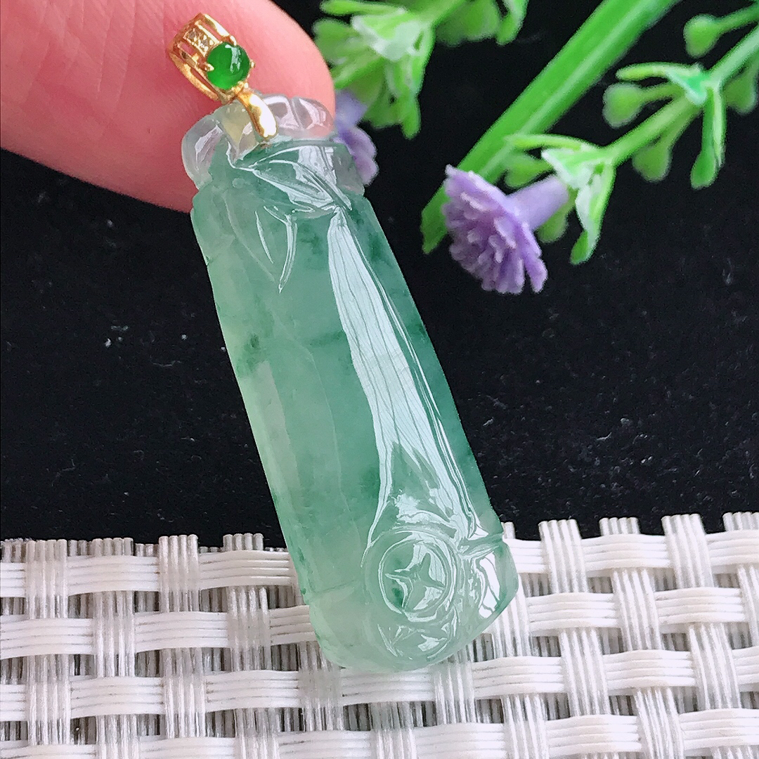 实拍A货翡翠36.3/13.4/6老坑18k金镶嵌冰胶果冻冰飘花节节高吊坠翡翠竹节