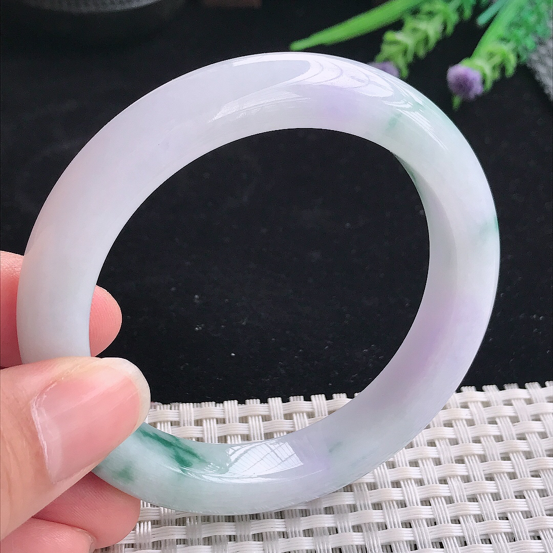 实拍A货翡翠57.8/11.8/9.5老坑精美温润紫罗兰飘花手镯翡翠宽边玉镯平安镯