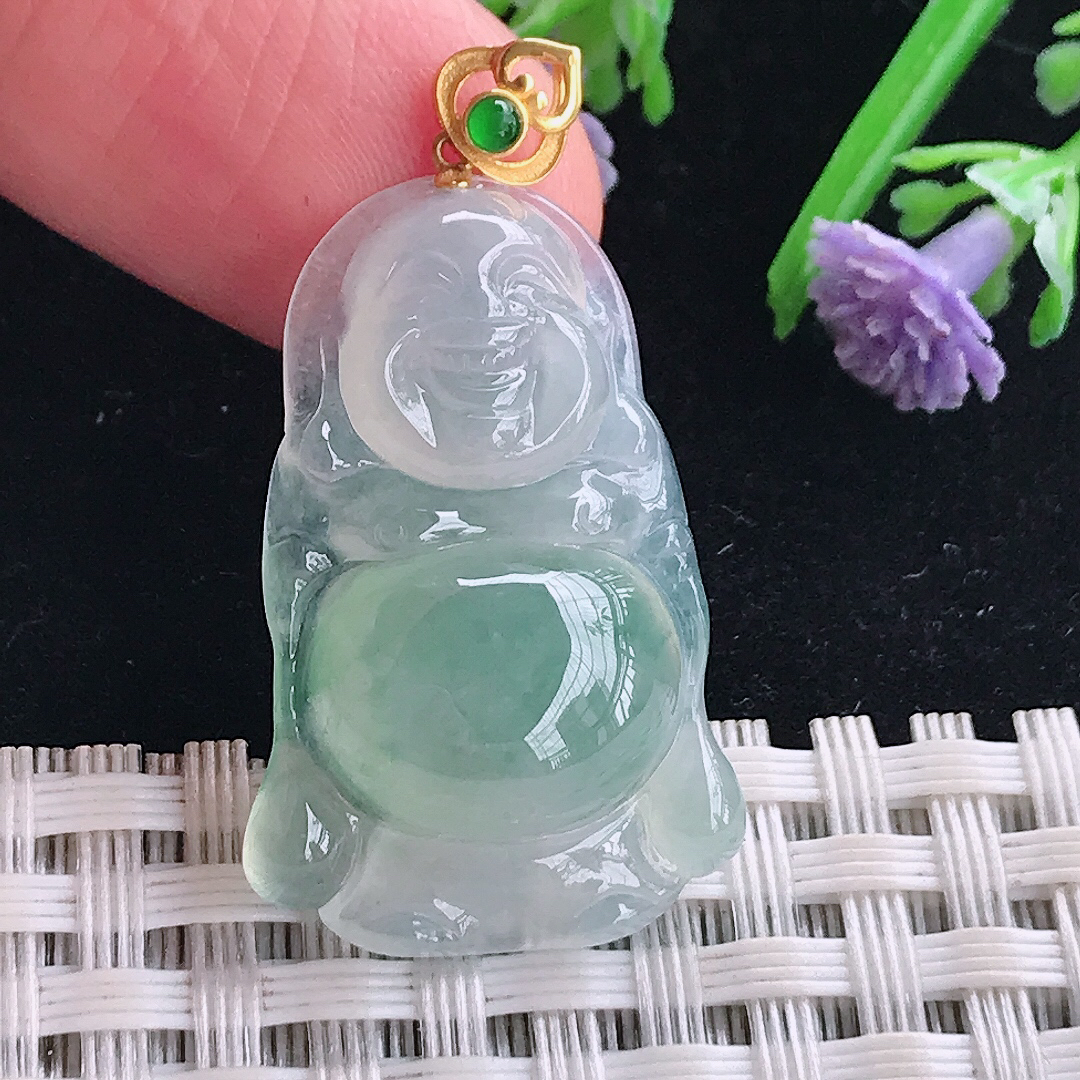 实拍A货翡翠29.6/19/6.2老坑18k金镶嵌冰胶冰晴站佛吊坠翡翠玉佛