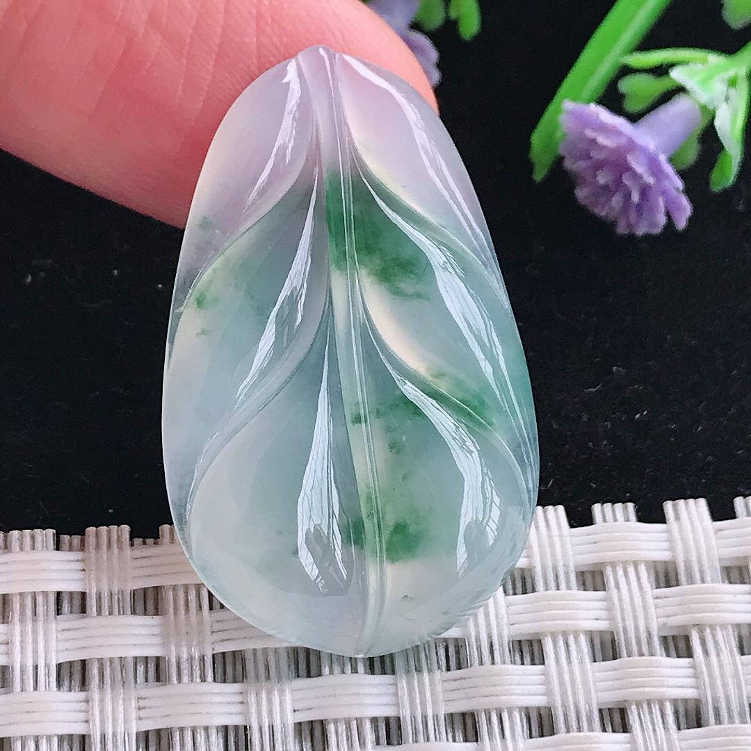 实拍A货翡翠33.4/20.6/4.7老坑冰种起胶冰飘花叶子吊坠镶嵌件