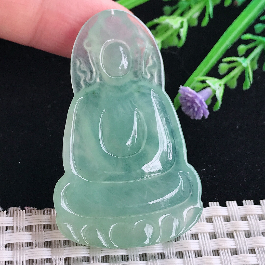 实拍A货翡翠53.7/33.2/5.6老坑冰种果冻冰晴绿素衣观音吊坠翡翠玉牌