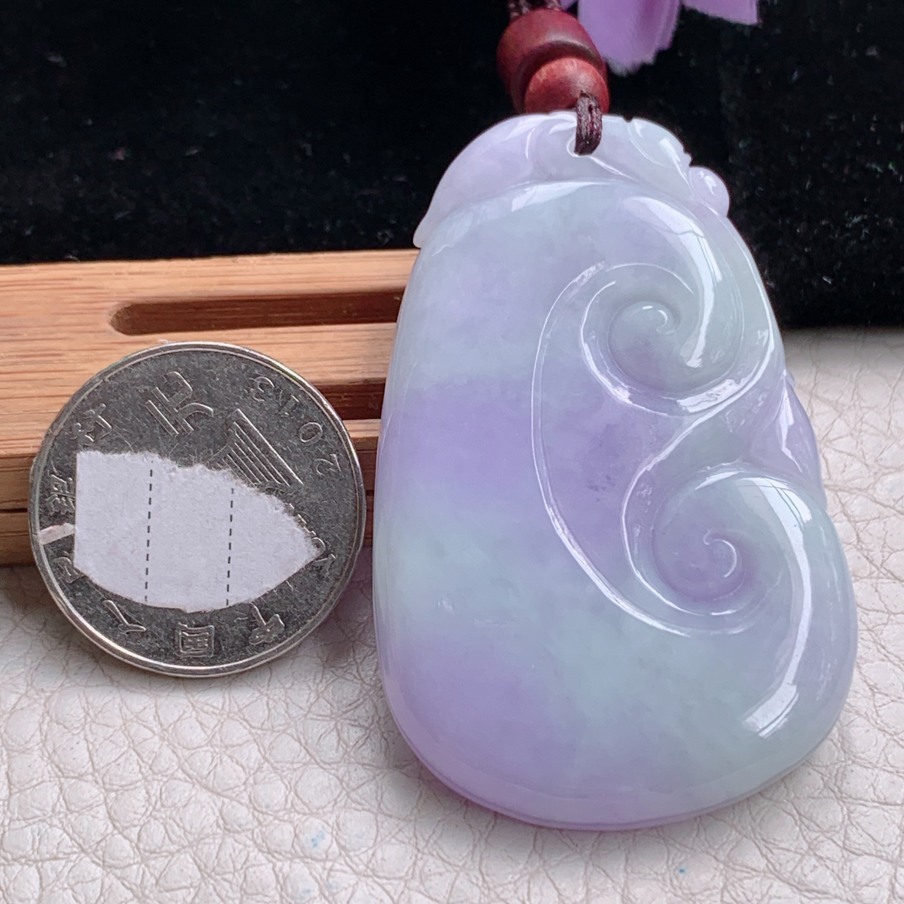 zen实拍54.5*35*6缅甸翡翠紫色如意吊坠 春带彩祥云吉祥项坠