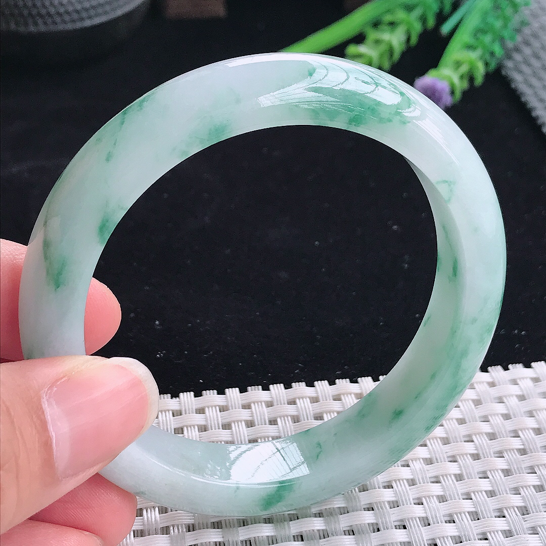 实拍A货翡翠57.5/12.6/8.7老坑冰润起胶飘蓝花手镯翡翠飘花玉镯平安镯