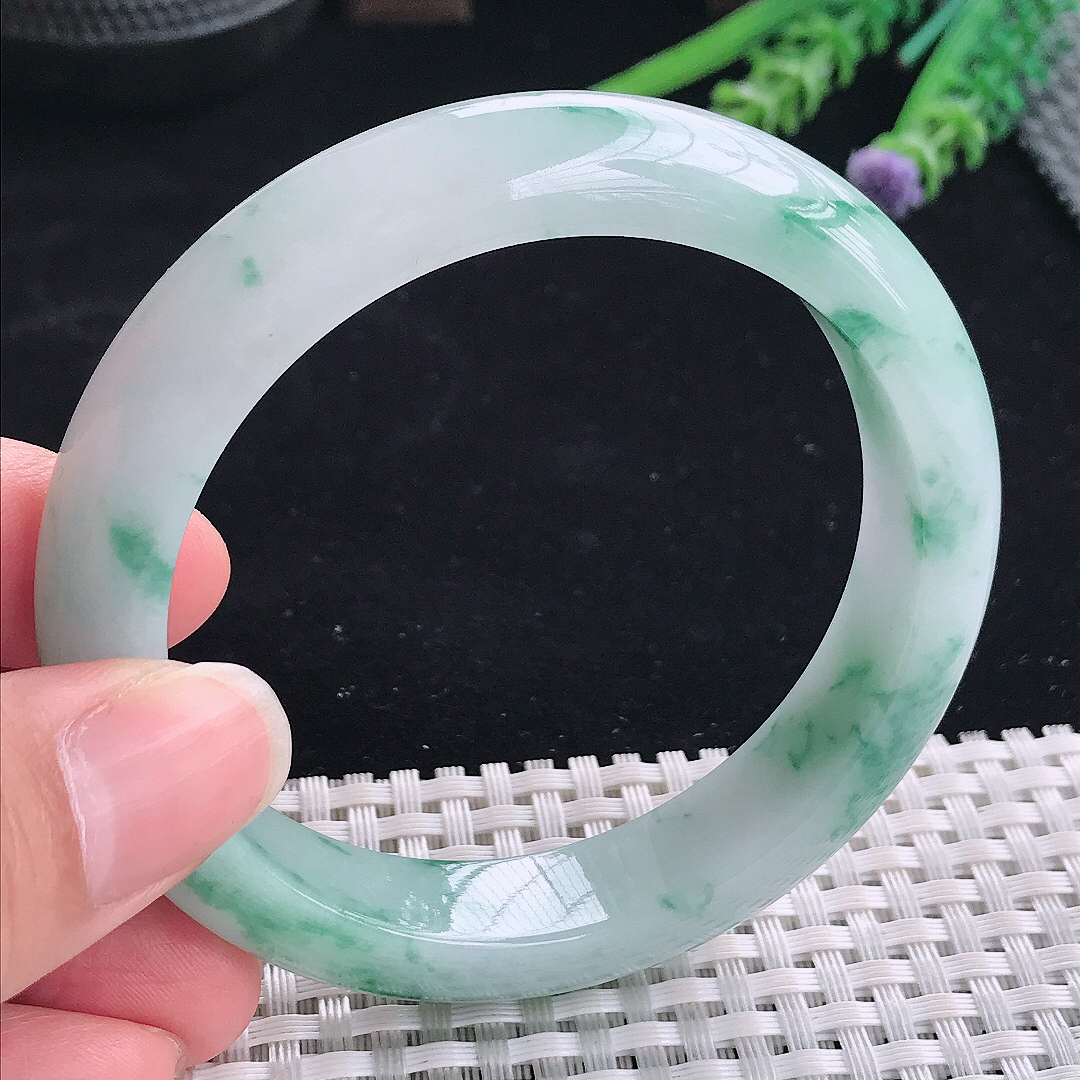 实拍A货翡翠57.5/12.6/8.7老坑冰润起胶飘蓝花手镯翡翠飘花玉镯平安镯