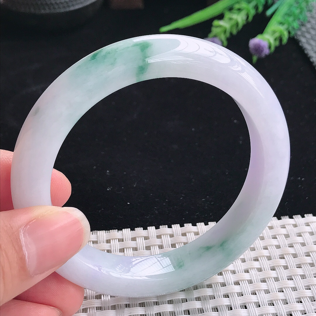 实拍A货翡翠57.8/11.8/9.5老坑精美温润紫罗兰飘花手镯翡翠宽边玉镯平安镯