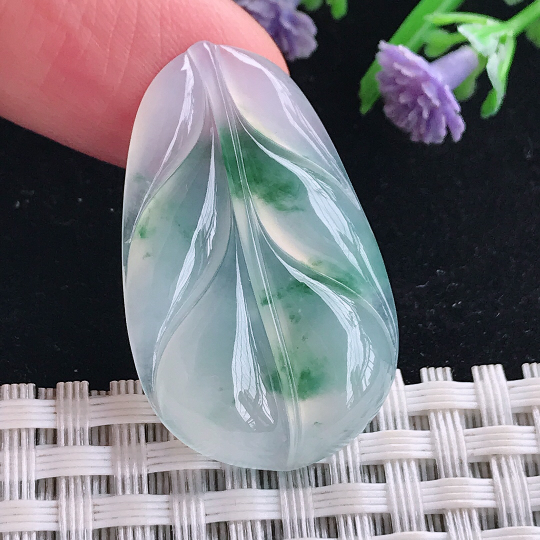 实拍A货翡翠33.4/20.6/4.7老坑冰种起胶冰飘花叶子吊坠镶嵌件