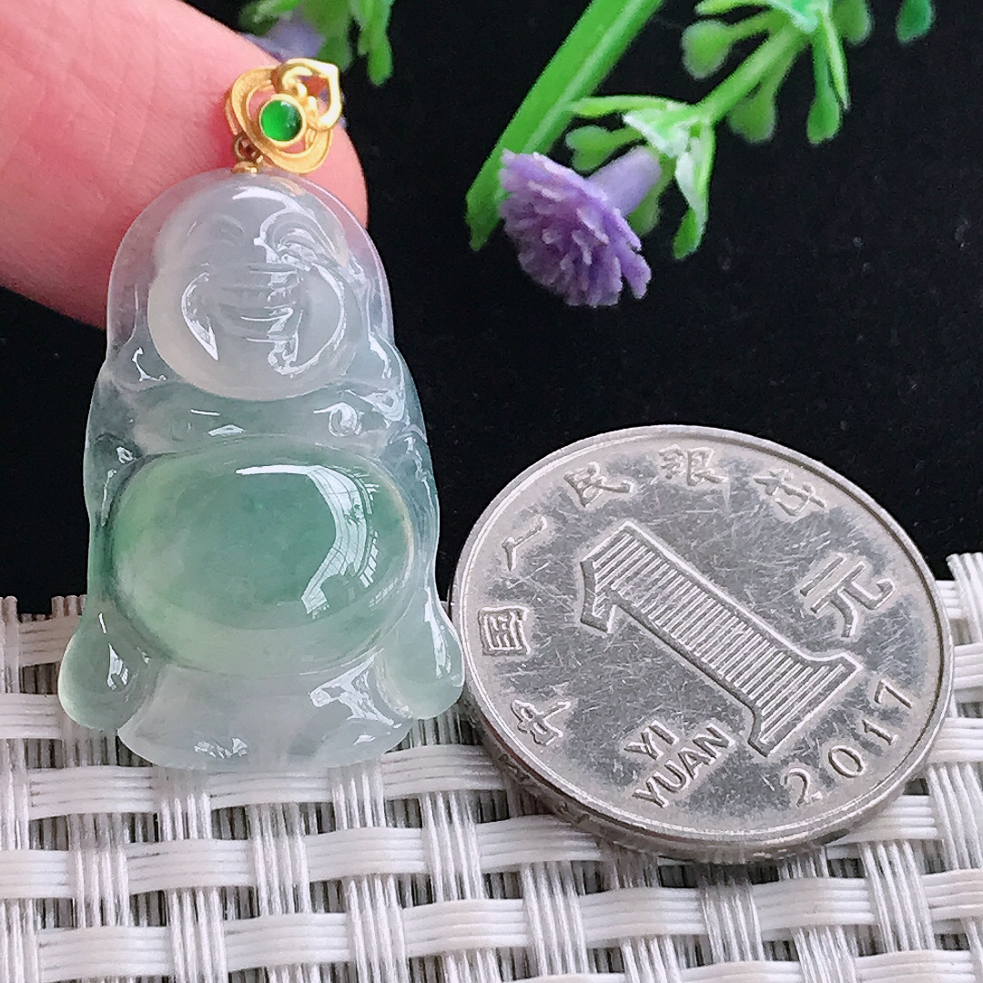 实拍A货翡翠29.6/19/6.2老坑18k金镶嵌冰胶冰晴站佛吊坠翡翠玉佛