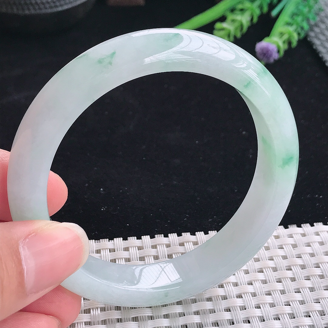 实拍A货翡翠58/13/8.5老坑冰润起胶冰飘花手镯翡翠宽边玉镯平安镯美人镯