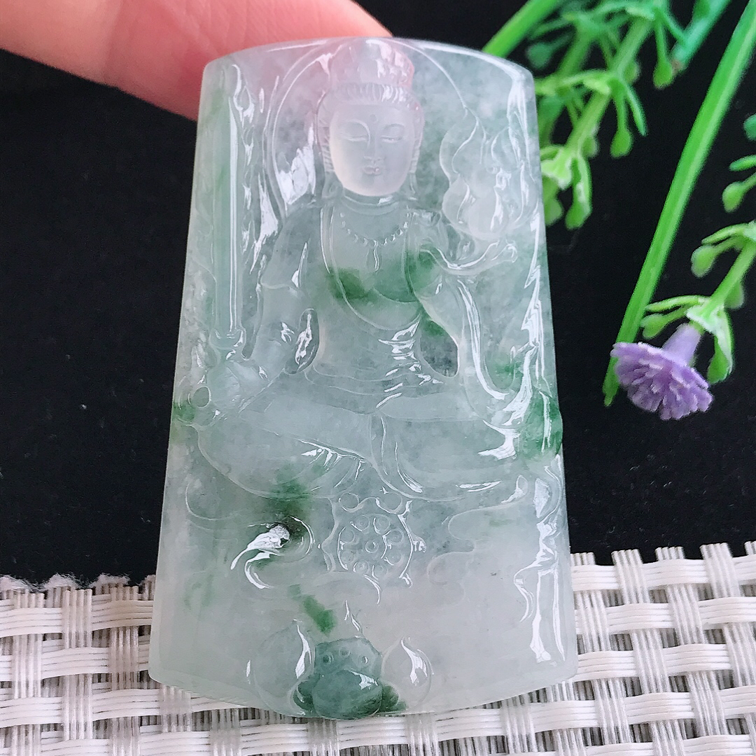 实拍A货翡翠57.2/36.3/6.1老坑冰透起胶冰飘花虚空藏菩萨吊坠翡翠玉牌