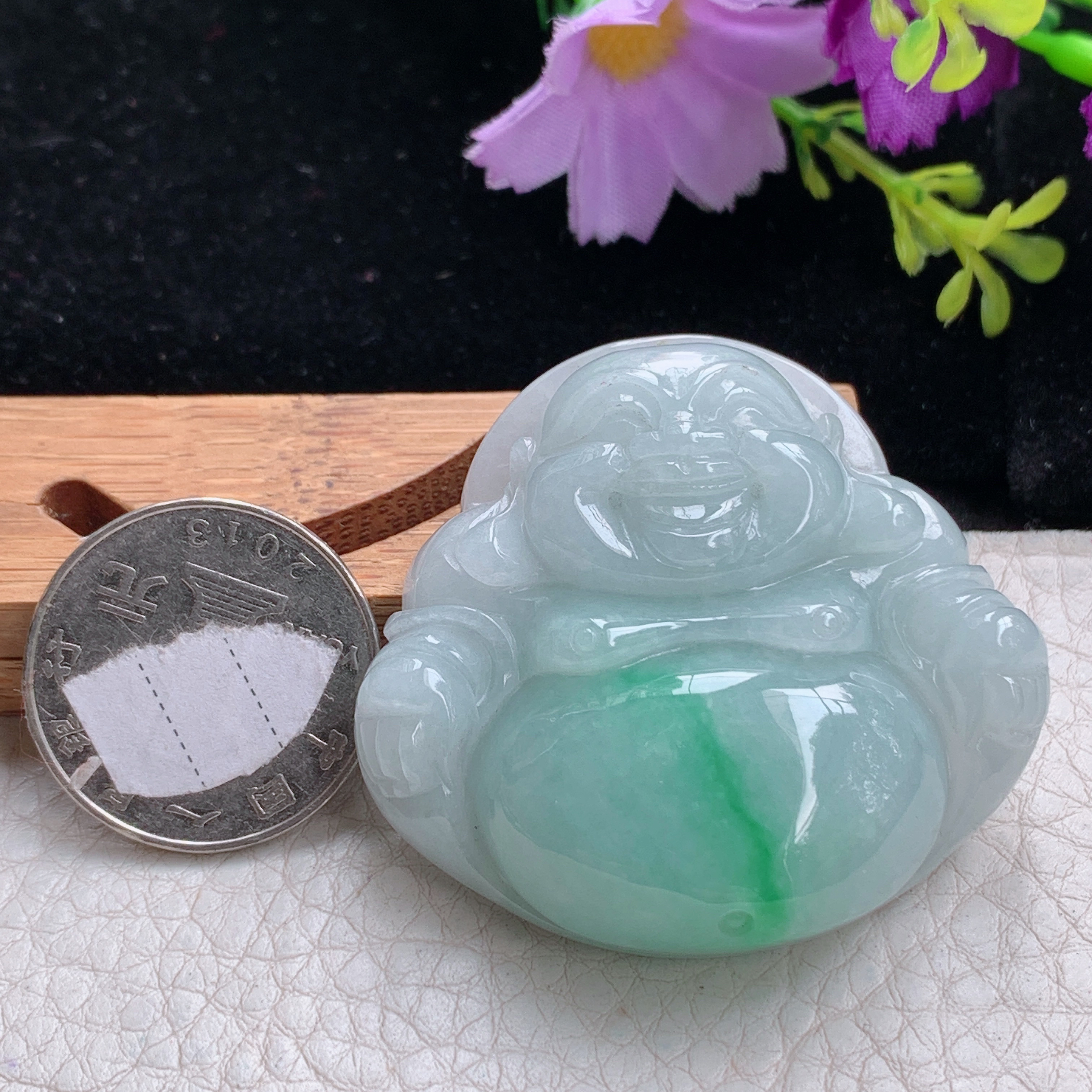 zen实拍44.3*47.8*12.8缅甸翡翠飘金丝绿大佛公吊坠 开心弥勒佛像项坠白底青