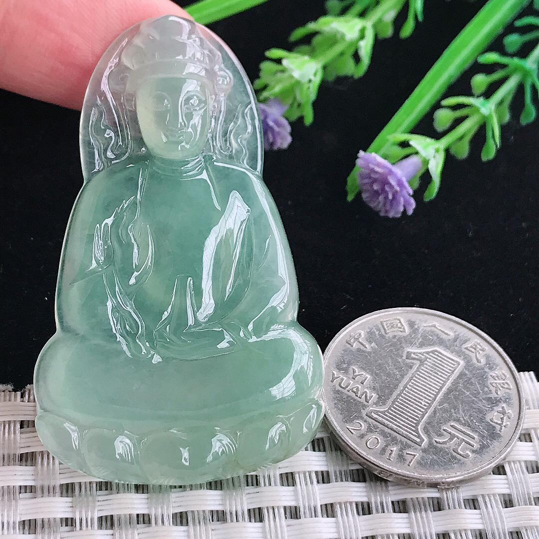 实拍A货翡翠53.7/33.2/5.6老坑冰种果冻冰晴绿素衣观音吊坠翡翠玉牌