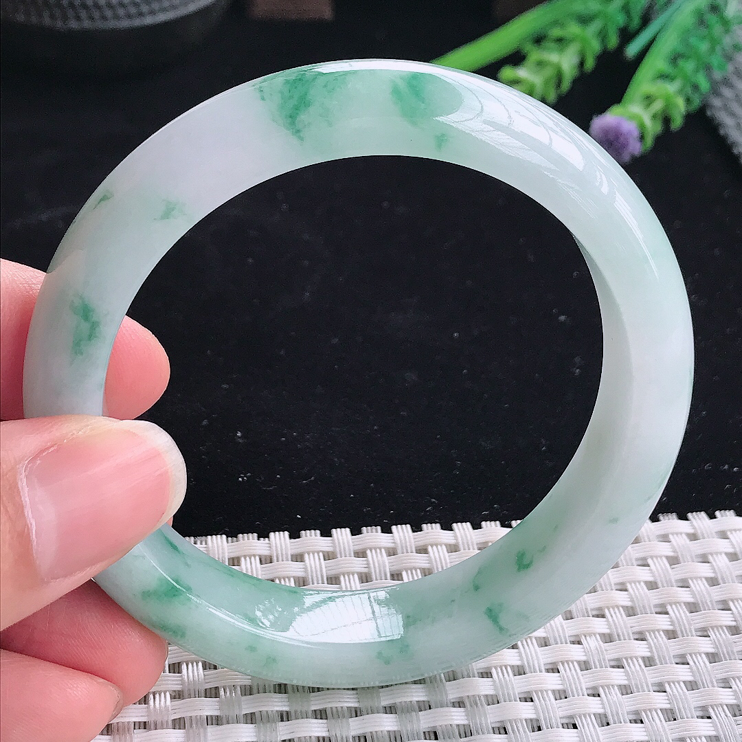 实拍A货翡翠57.5/12.6/8.7老坑冰润起胶飘蓝花手镯翡翠飘花玉镯平安镯