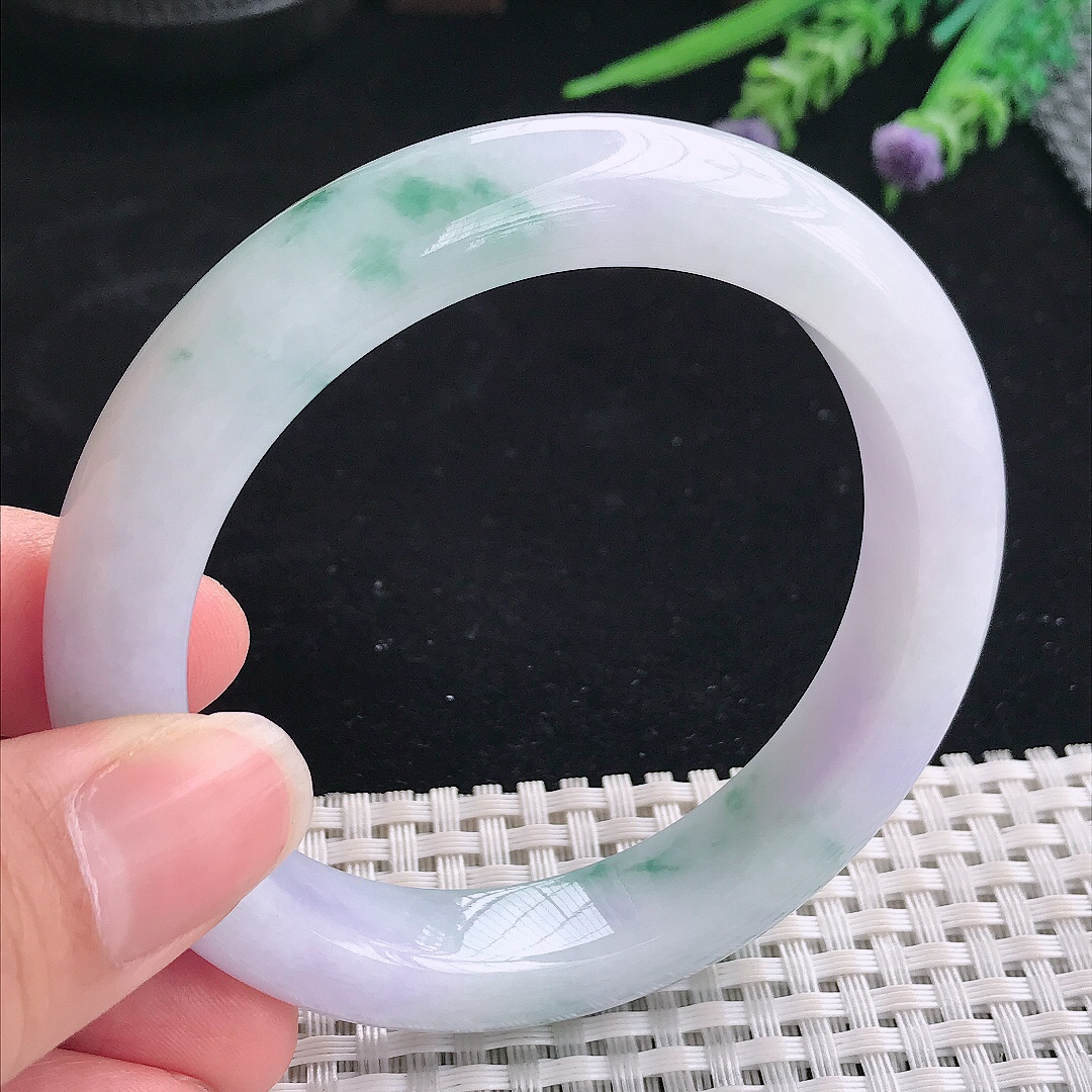 实拍A货翡翠57.8/11.8/9.5老坑精美温润紫罗兰飘花手镯翡翠宽边玉镯平安镯