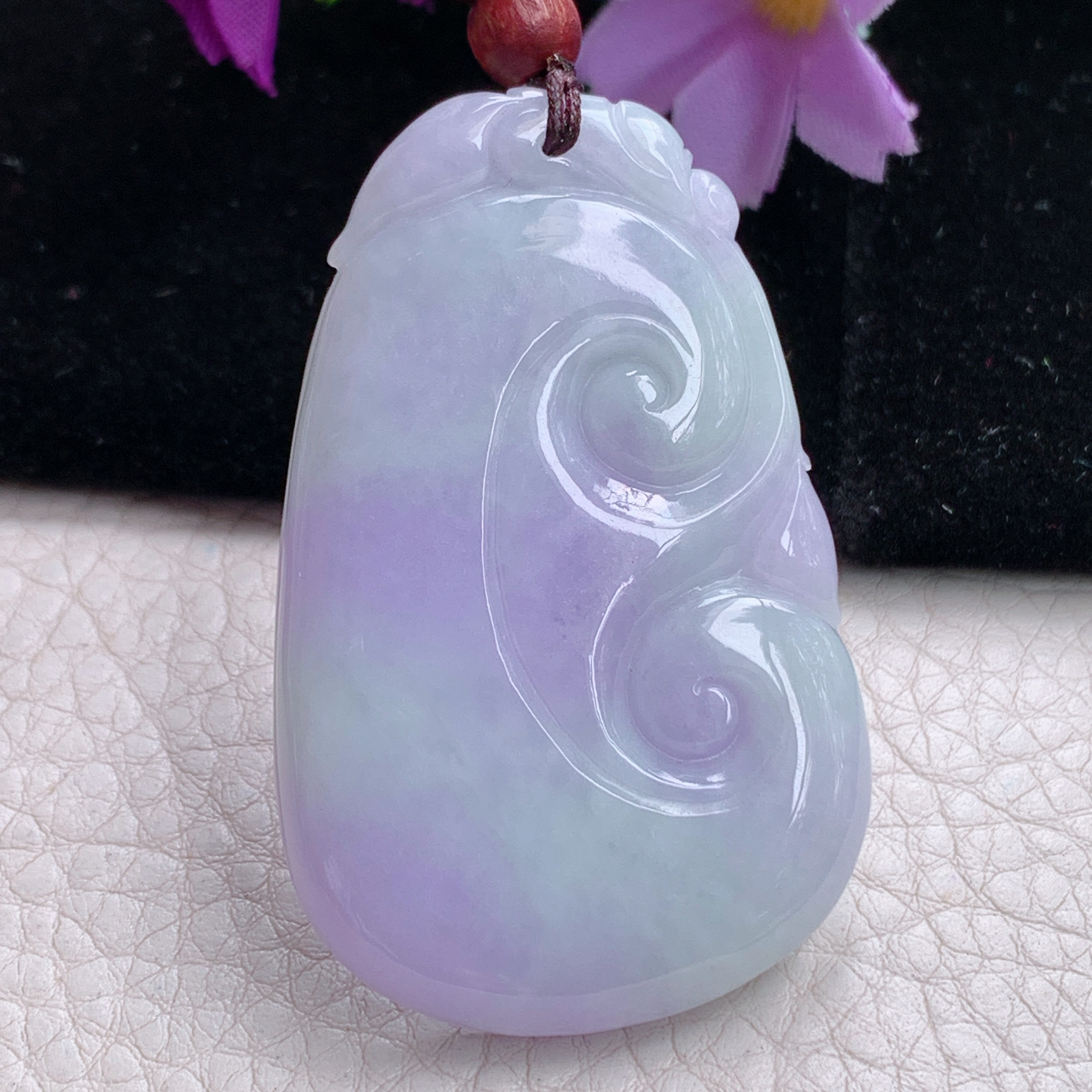 zen实拍54.5*35*6缅甸翡翠紫色如意吊坠 春带彩祥云吉祥项坠