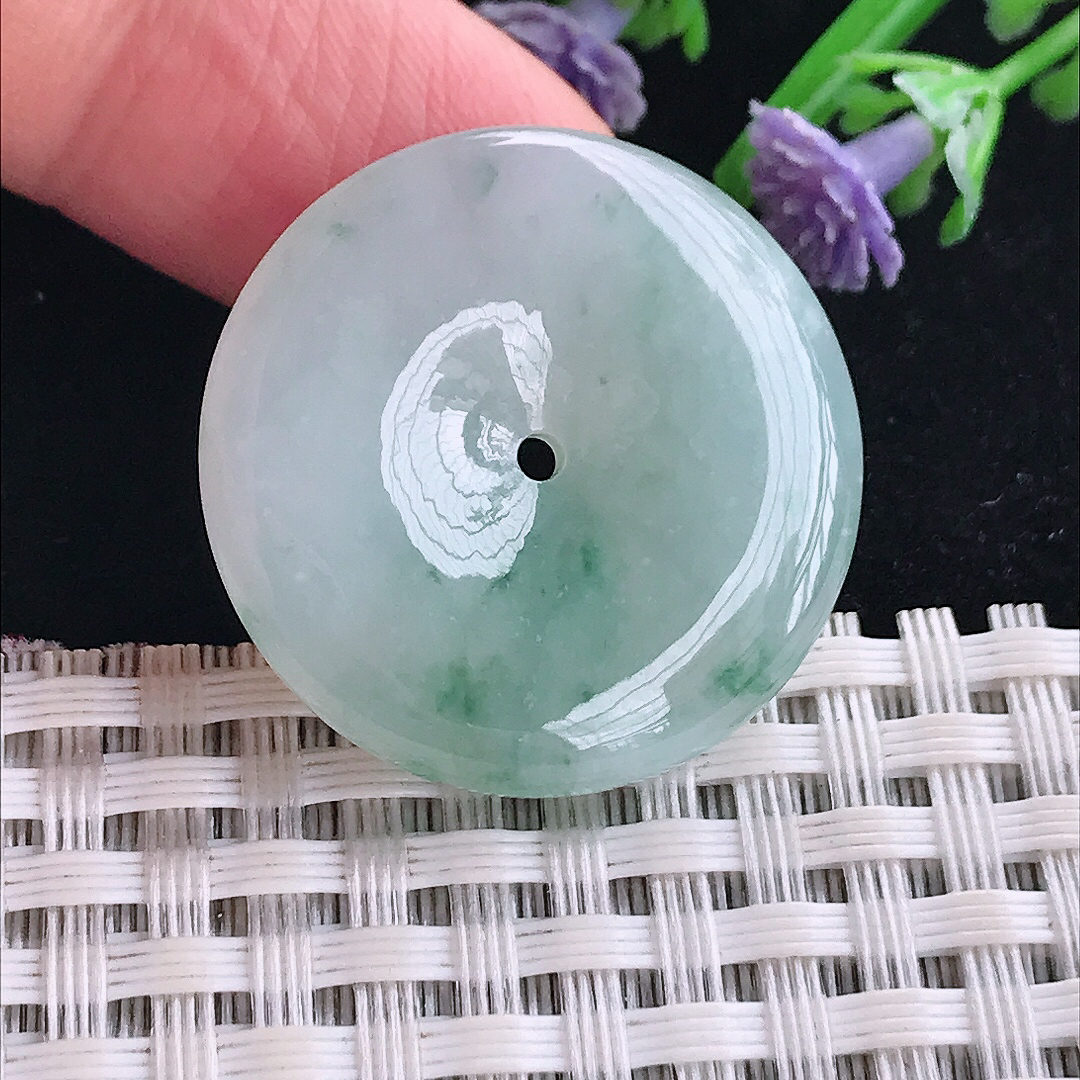 实拍A货翡翠28.4/5.6老坑冰润起胶飘花平安扣吊坠翡翠玉牌