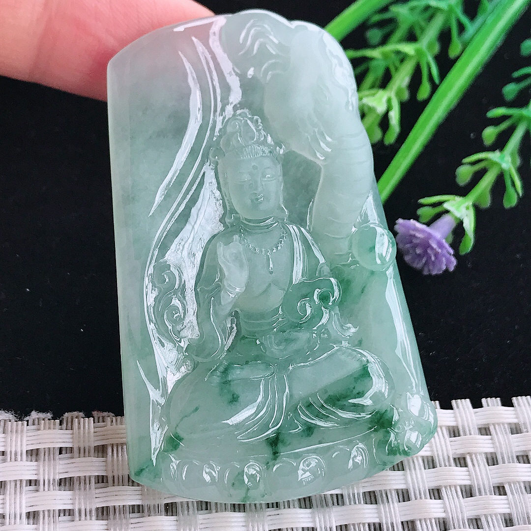 实拍A货翡翠61.5/39/6.6老坑冰胶果冻冰飘花普贤菩萨吊坠翡翠玉牌守护神