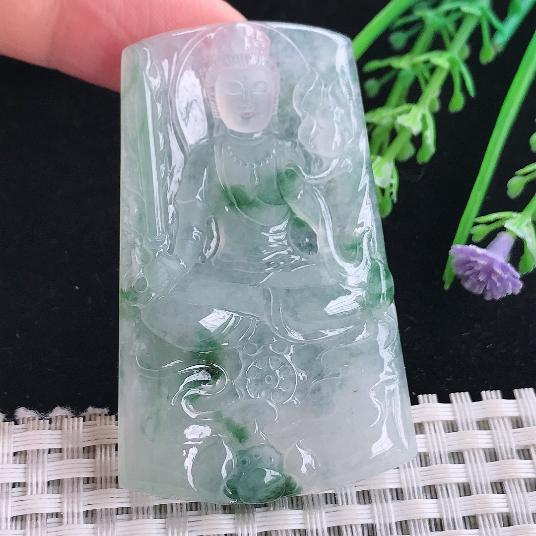 实拍A货翡翠57.2/36.3/6.1老坑冰透起胶冰飘花虚空藏菩萨吊坠翡翠玉牌