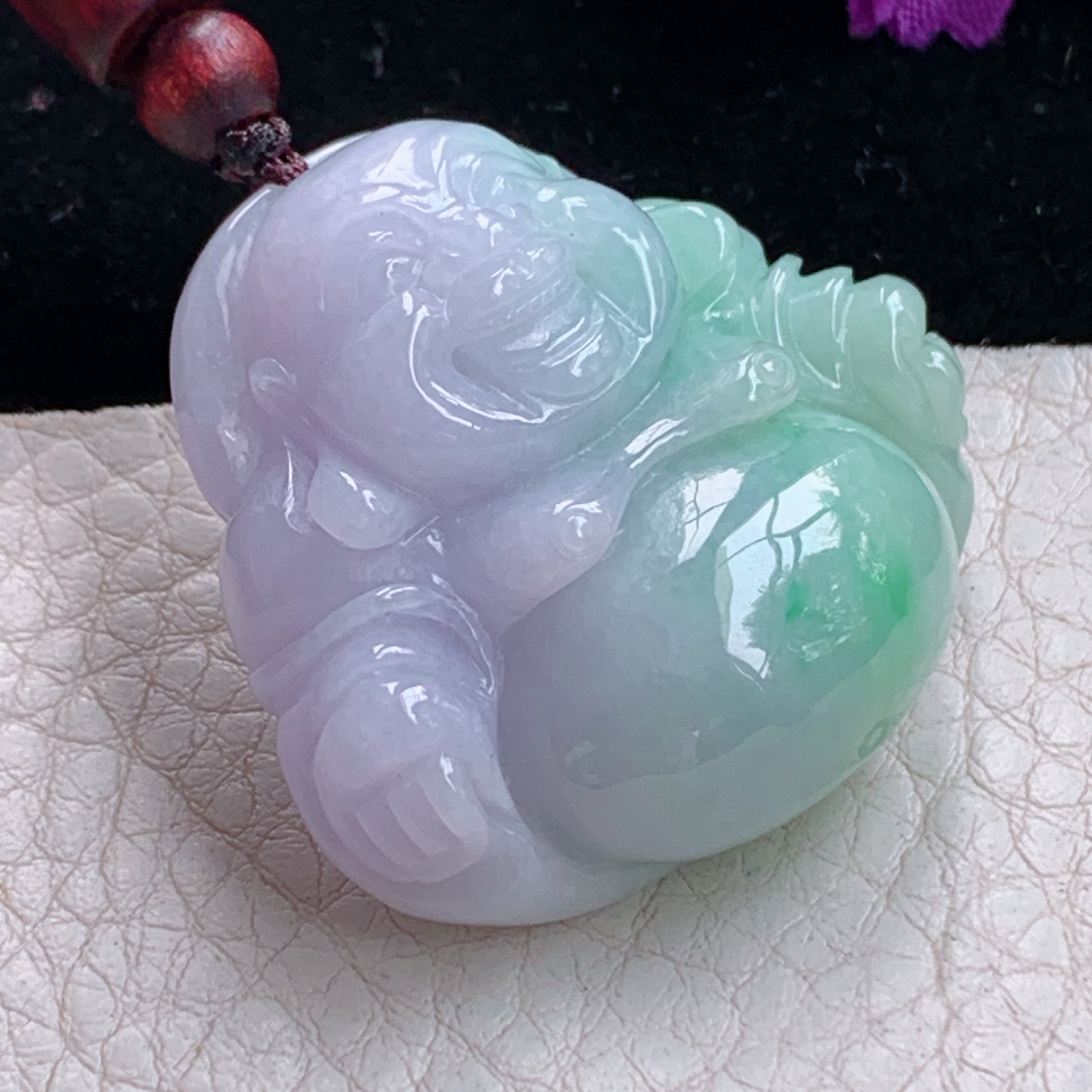 zen实拍36*37.5*12.8缅甸翡翠春带彩佛公吊坠 大肚弥勒佛像项坠