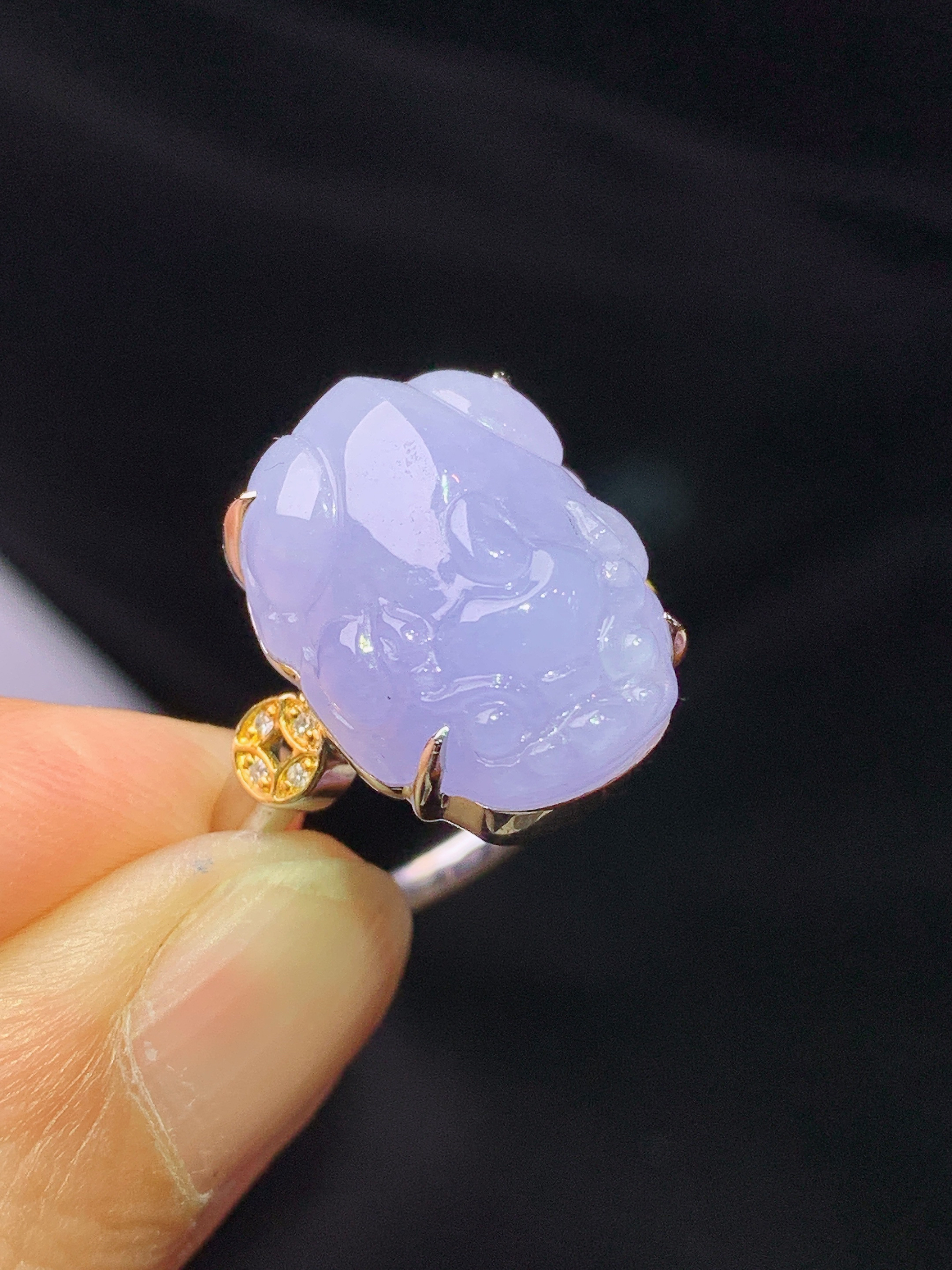 18k金钻镶嵌紫罗兰貔貅戒指 吊坠 玉质细腻 水润亮眼 色泽艳丽 圈口14 裸石尺寸17.8*13.2*7f1