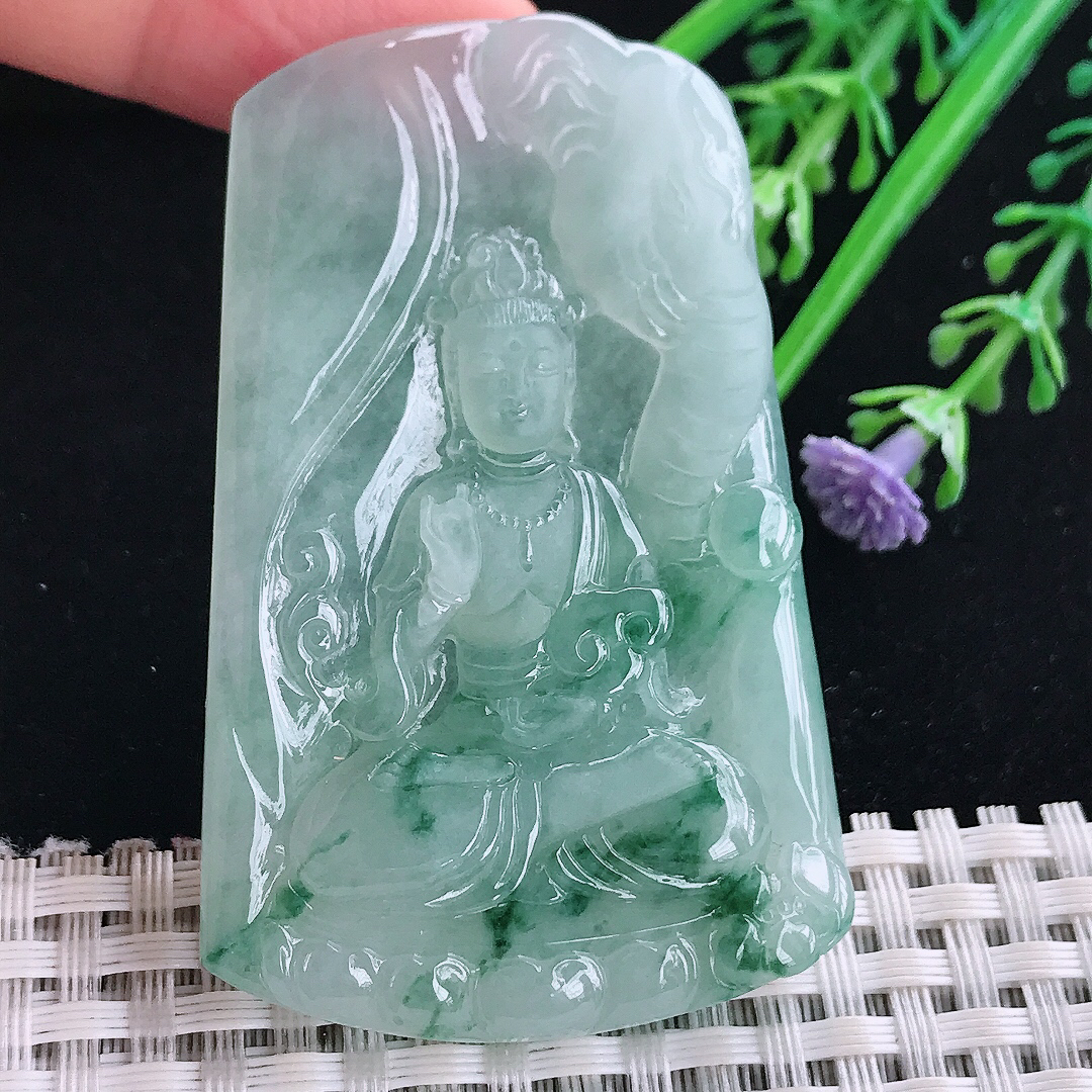 实拍A货翡翠61.5/39/6.6老坑冰胶果冻冰飘花普贤菩萨吊坠翡翠玉牌守护神