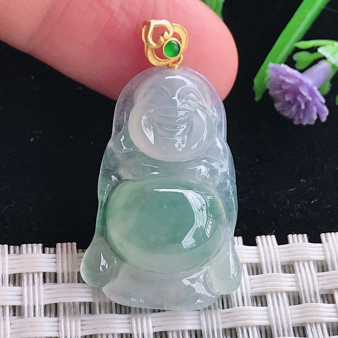 实拍A货翡翠29.6/19/6.2老坑18k金镶嵌冰胶冰晴站佛吊坠翡翠玉佛
