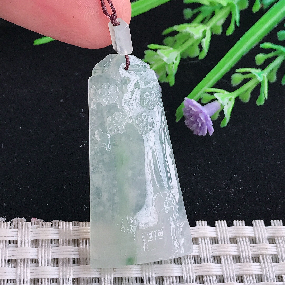 实拍A货翡翠41.5/21/5.3老坑冰透起胶冰晴梅花牌吊坠翡翠玉牌