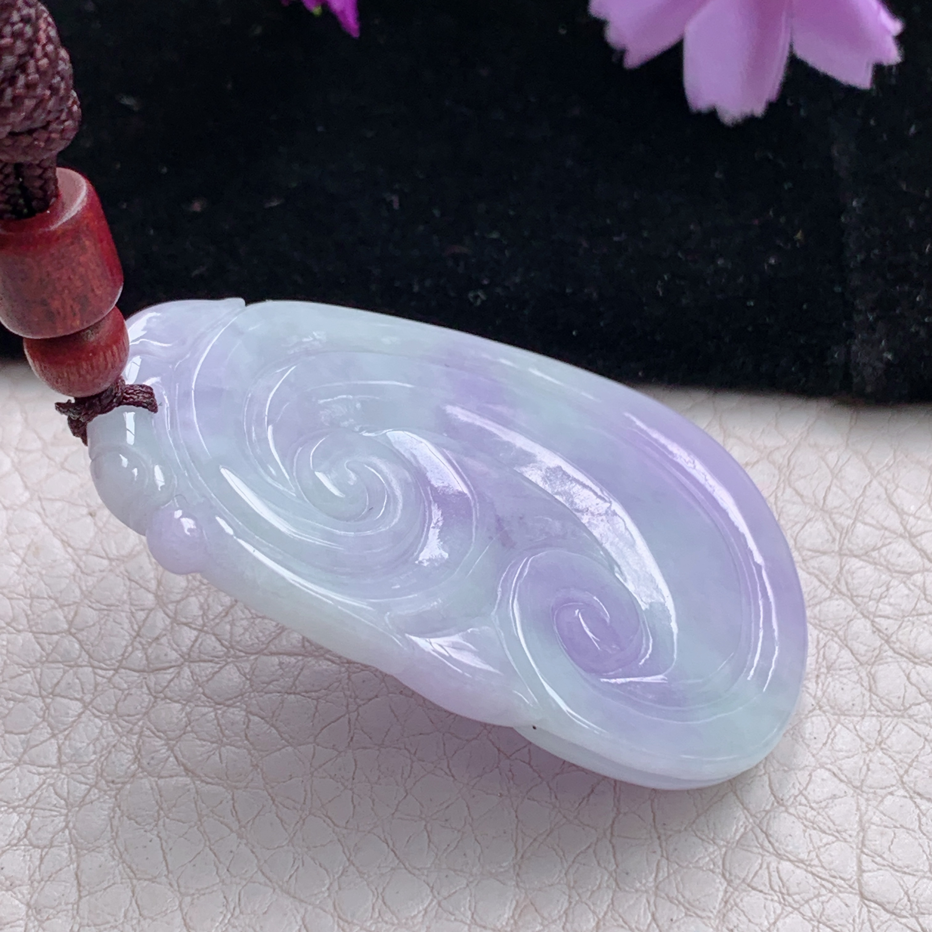 zen实拍54.5*35*6缅甸翡翠紫色如意吊坠 春带彩祥云吉祥项坠