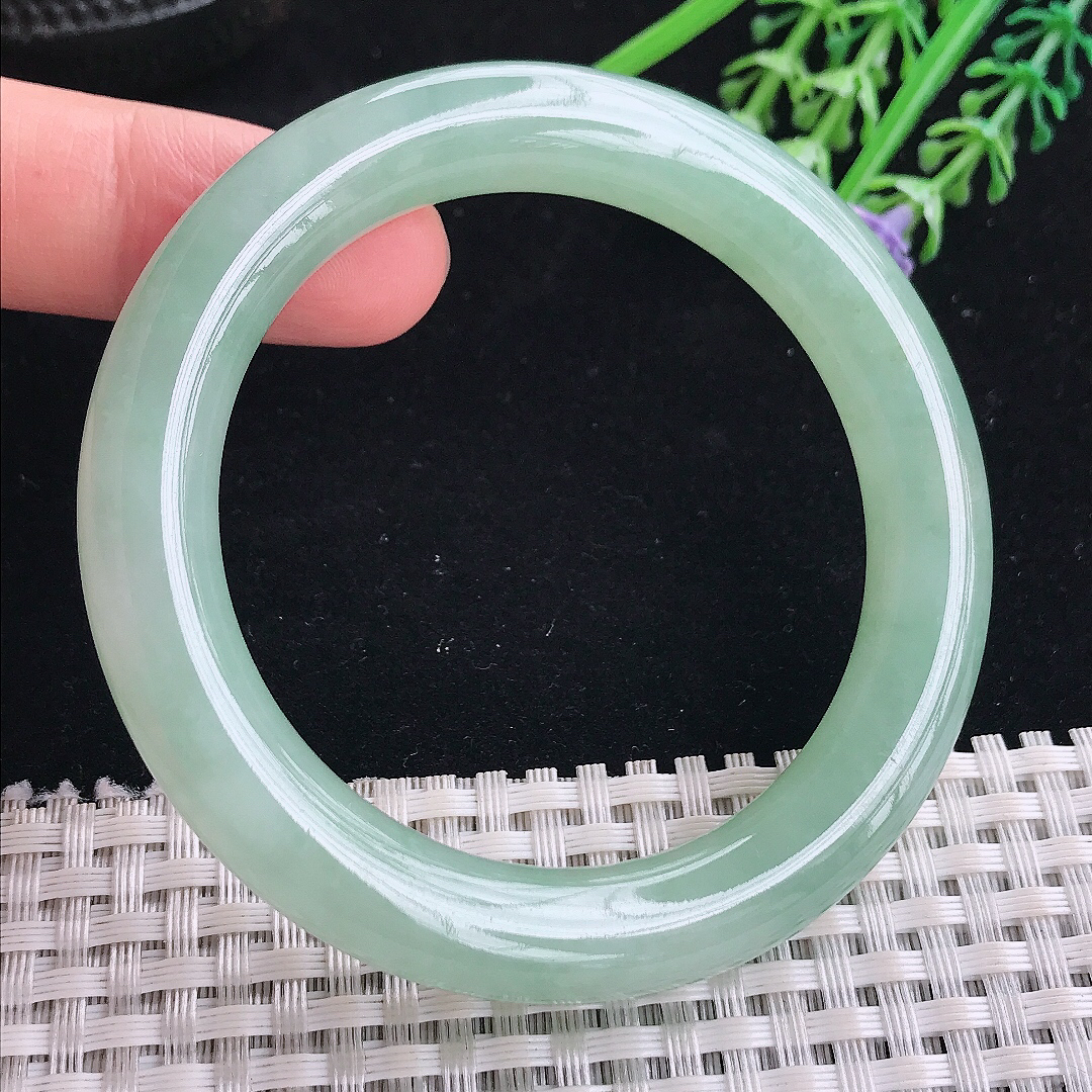 实拍A货翡翠52.5/10/9.5老坑冰胶果冻冰晴满绿圆条手镯翡翠玉镯平安镯
