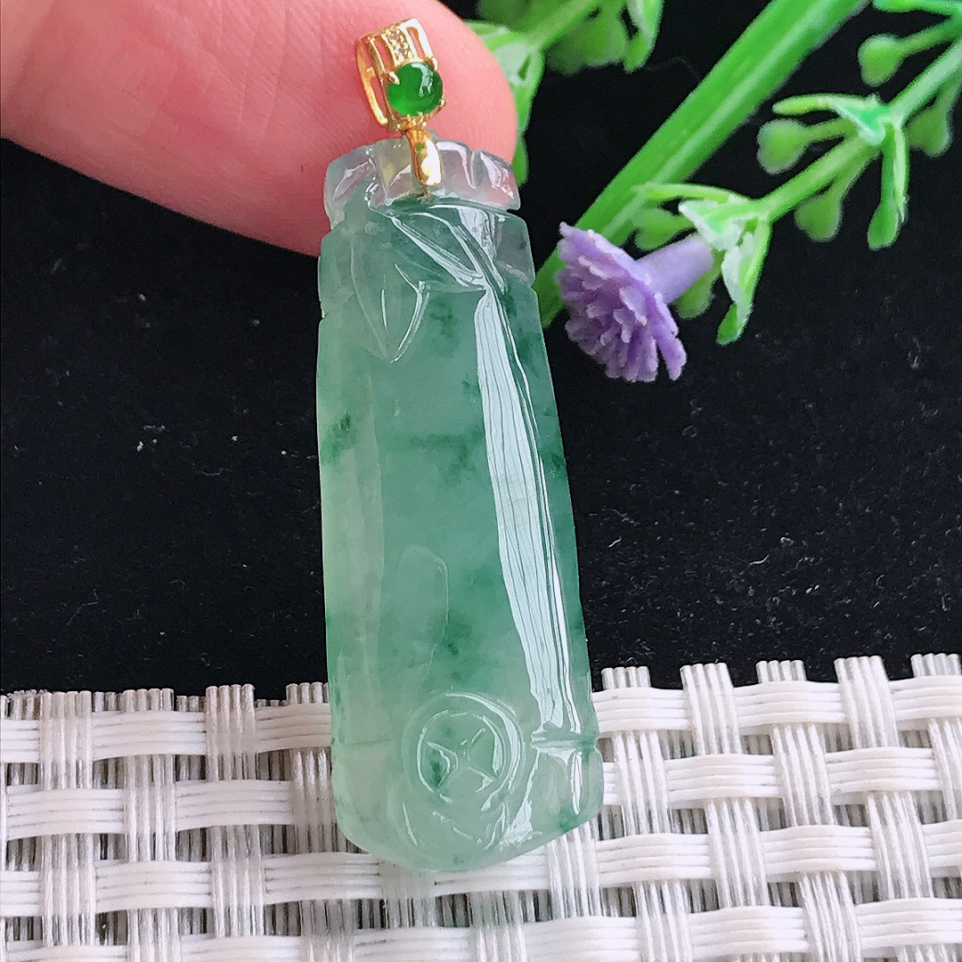 实拍A货翡翠36.3/13.4/6老坑18k金镶嵌冰胶果冻冰飘花节节高吊坠翡翠竹节