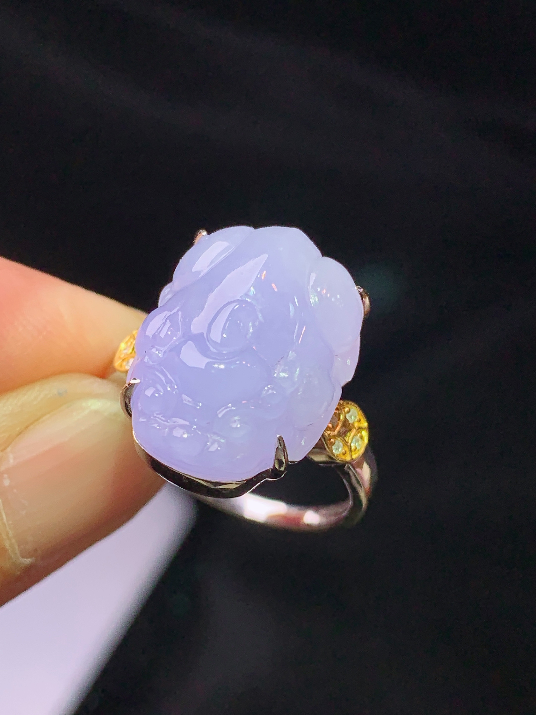 18k金钻镶嵌紫罗兰貔貅戒指 吊坠 玉质细腻 水润亮眼 色泽艳丽 圈口14 裸石尺寸17.8*13.2*7f1