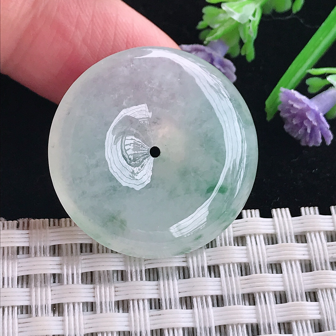 实拍A货翡翠28/6.2老坑冰胶水灵冰飘花平安扣吊坠翡翠玉扣挂件