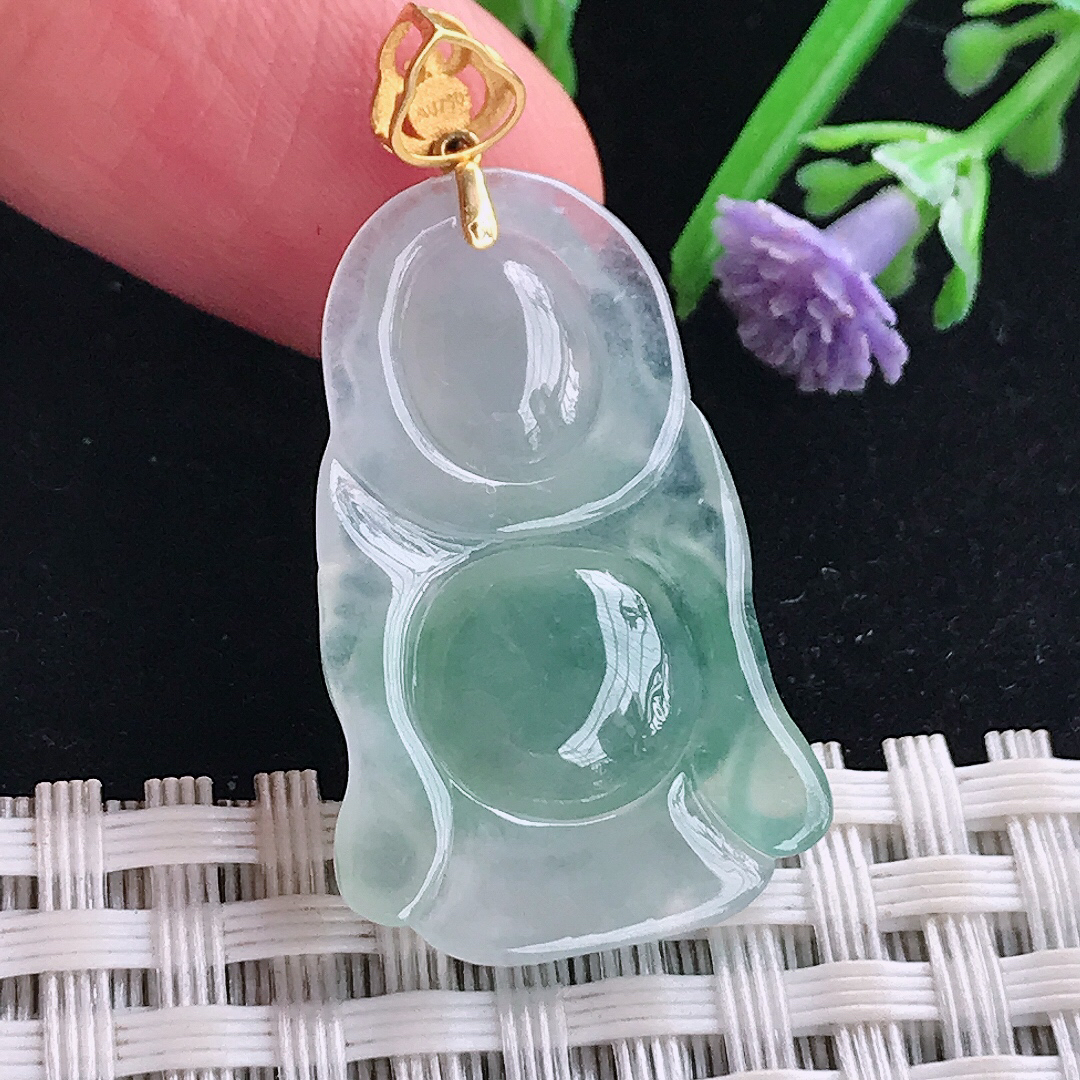 实拍A货翡翠29.6/19/6.2老坑18k金镶嵌冰胶冰晴站佛吊坠翡翠玉佛