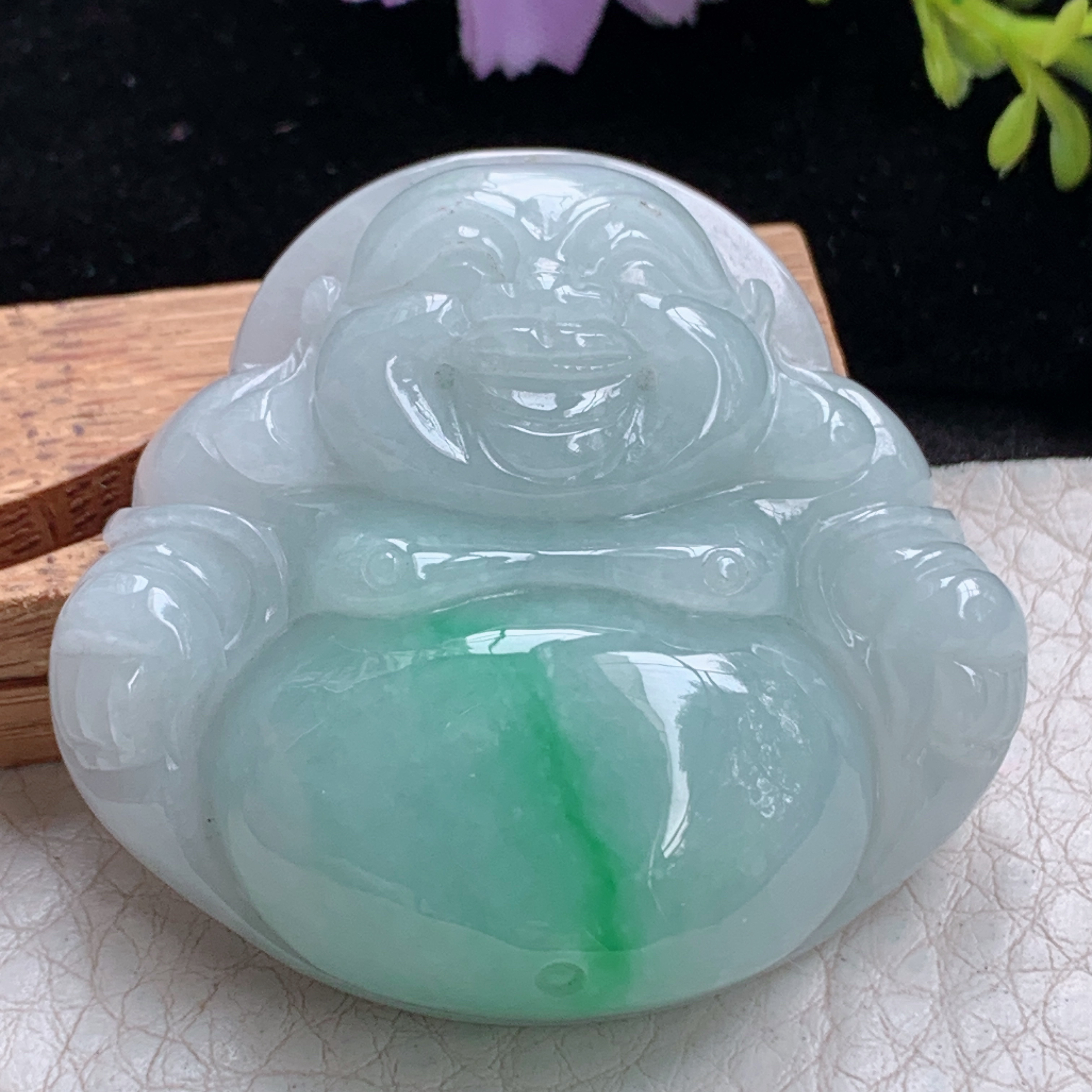 zen实拍44.3*47.8*12.8缅甸翡翠飘金丝绿大佛公吊坠 开心弥勒佛像项坠白底青