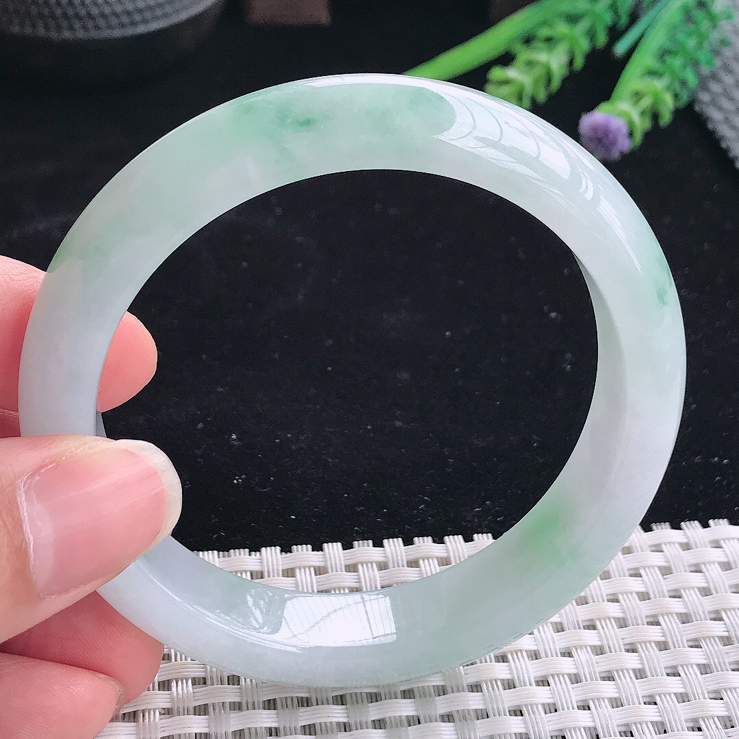 实拍A货翡翠58/13/8.5老坑冰润起胶冰飘花手镯翡翠宽边玉镯平安镯美人镯