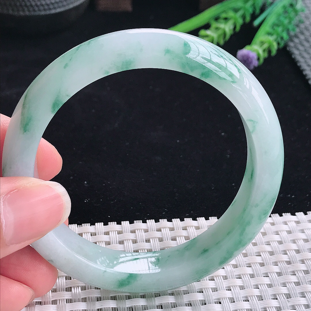 实拍A货翡翠57.5/12.6/8.7老坑冰润起胶飘蓝花手镯翡翠飘花玉镯平安镯