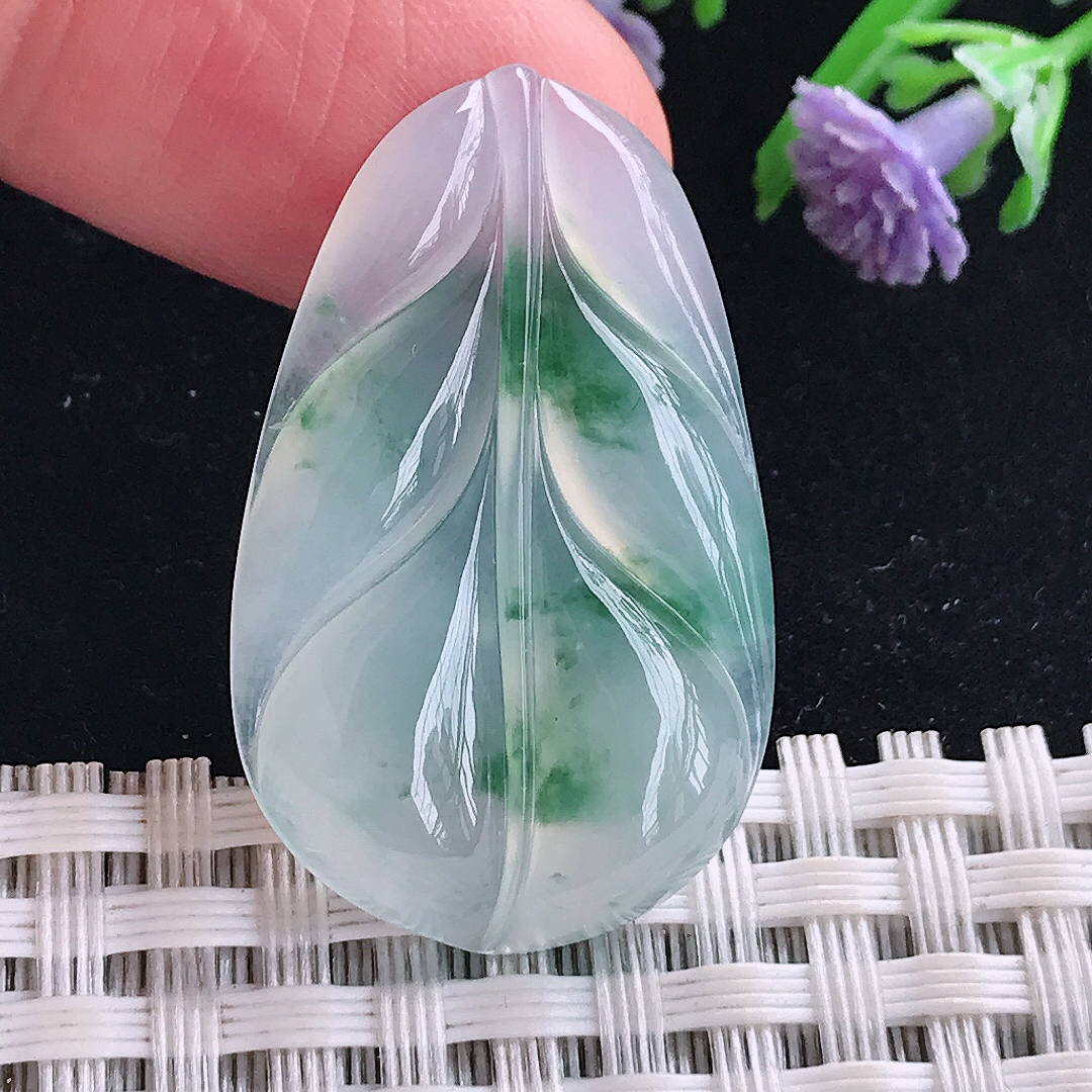 实拍A货翡翠33.4/20.6/4.7老坑冰种起胶冰飘花叶子吊坠镶嵌件