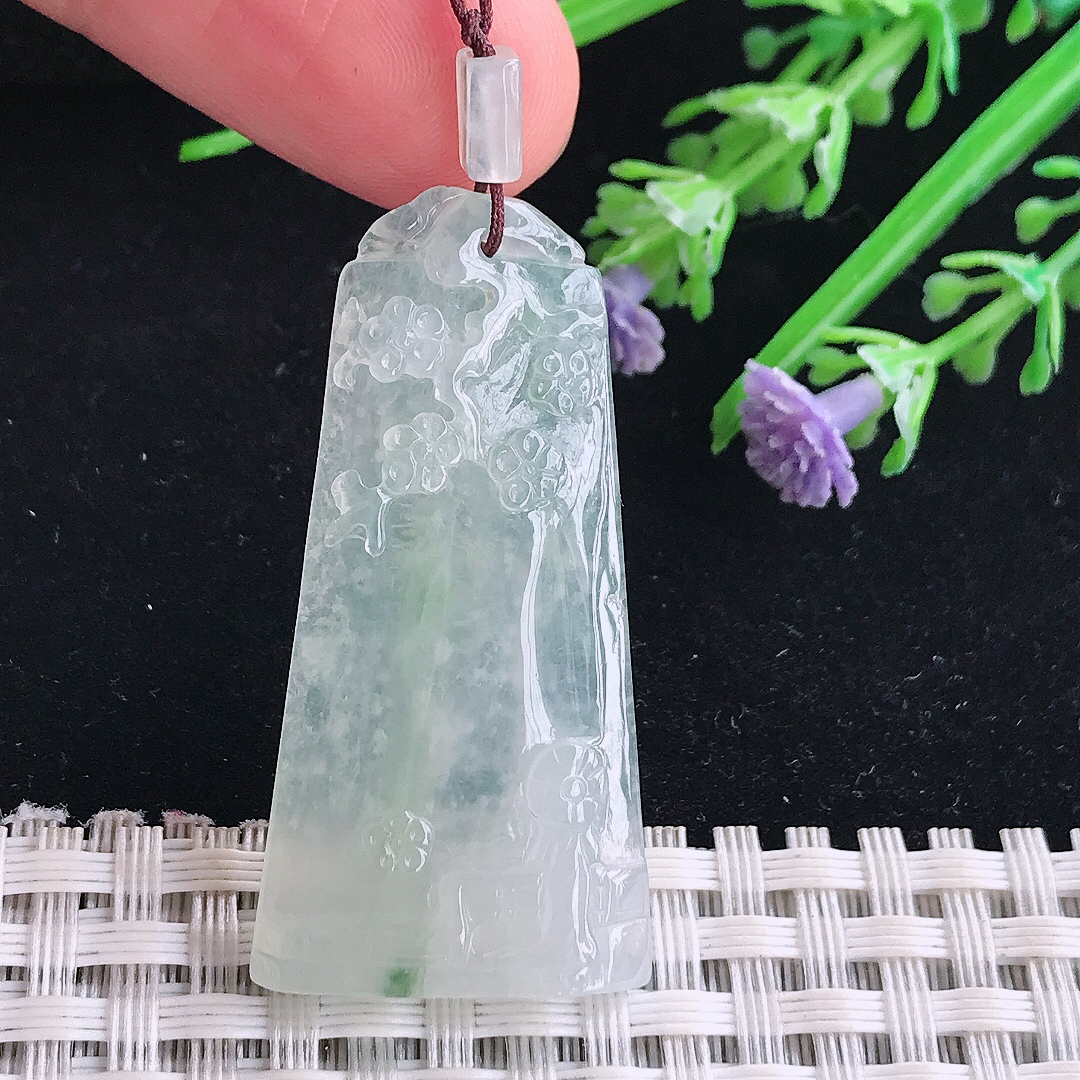 实拍A货翡翠41.5/21/5.3老坑冰透起胶冰晴梅花牌吊坠翡翠玉牌