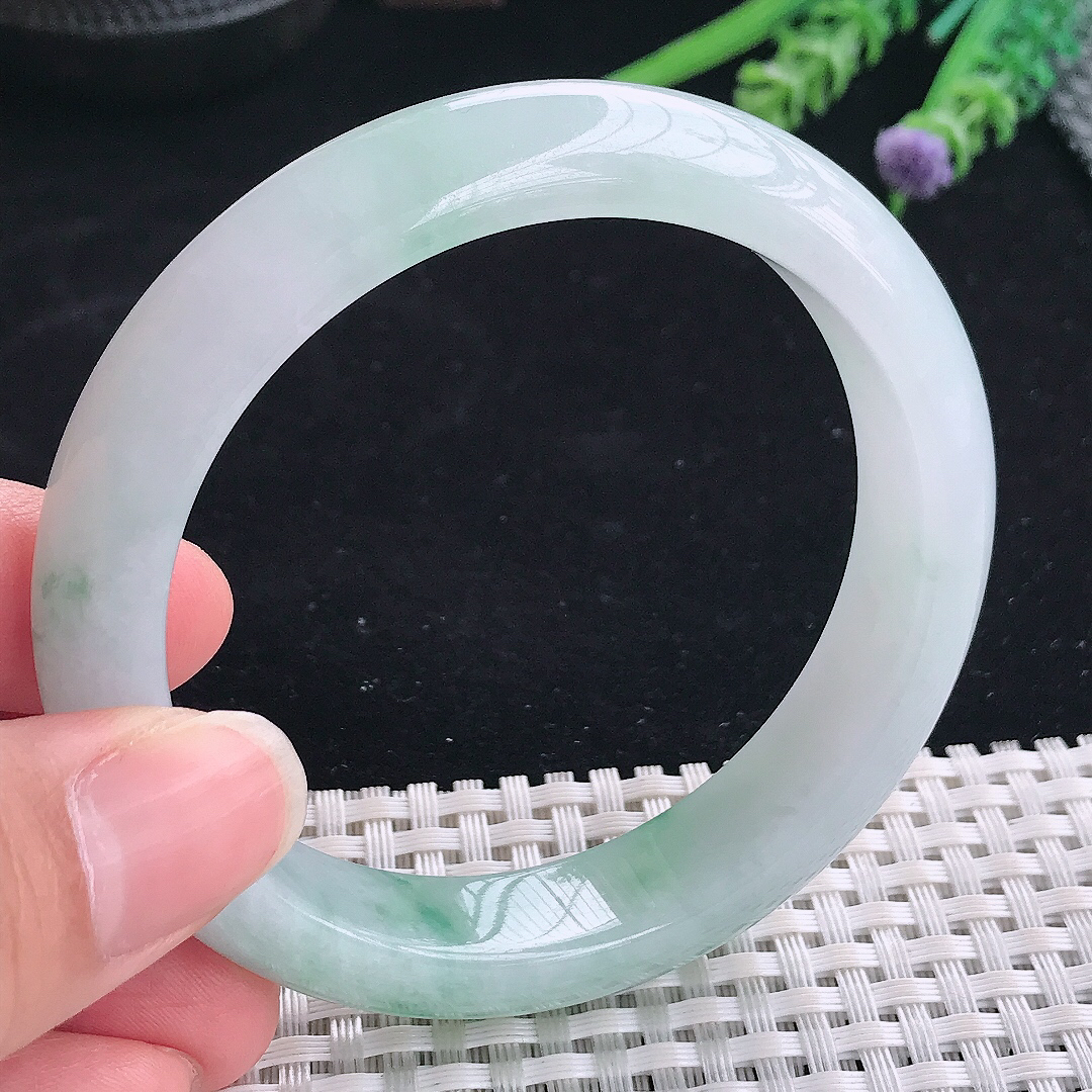 实拍A货翡翠58/13/8.5老坑冰润起胶冰飘花手镯翡翠宽边玉镯平安镯美人镯