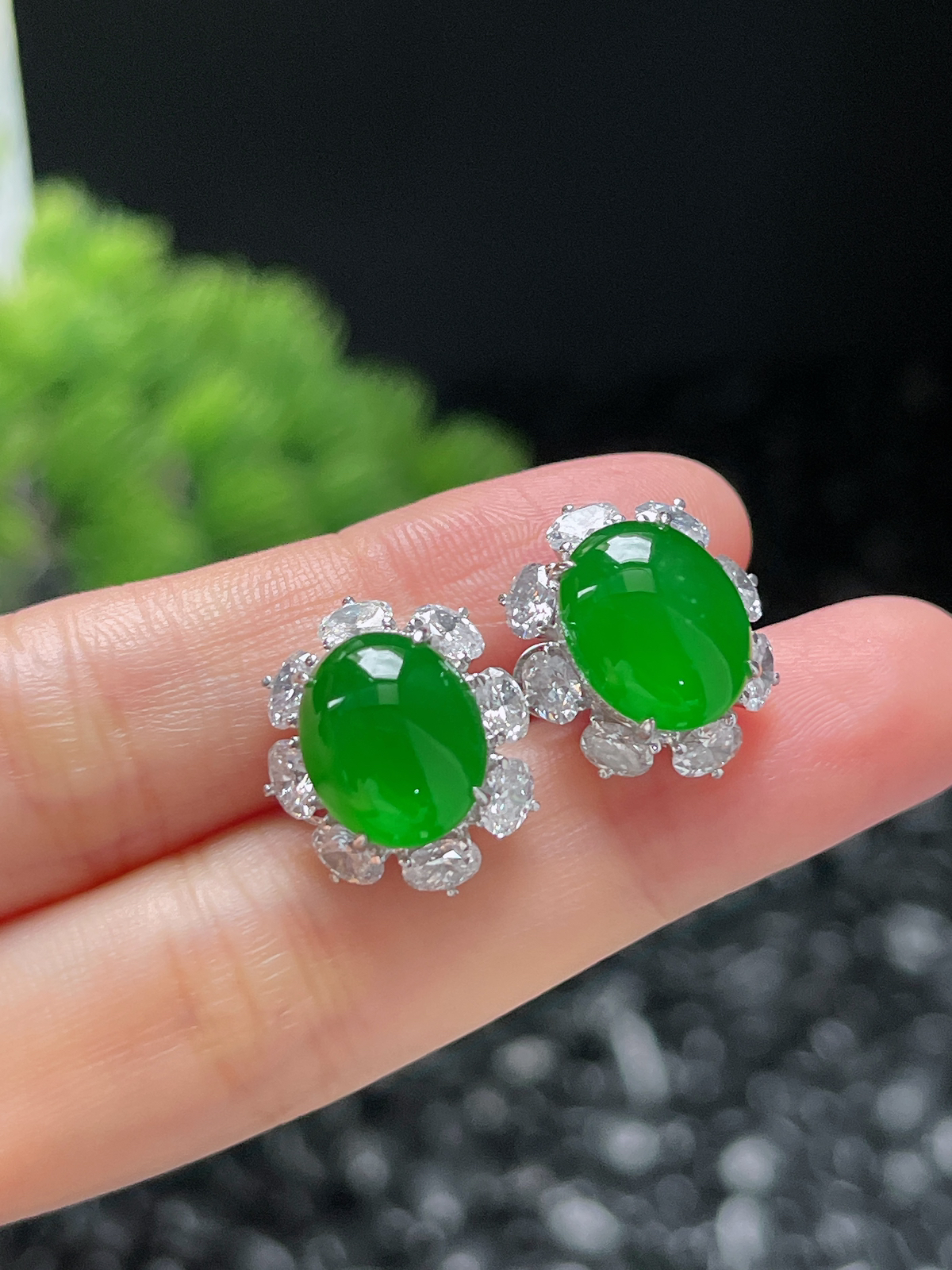 18k金翡翠冰满绿耳钉