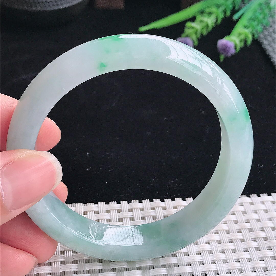 实拍A货翡翠58/12.9/8.5老坑冰润起胶飘绿手镯翡翠宽边玉镯平安镯美人镯