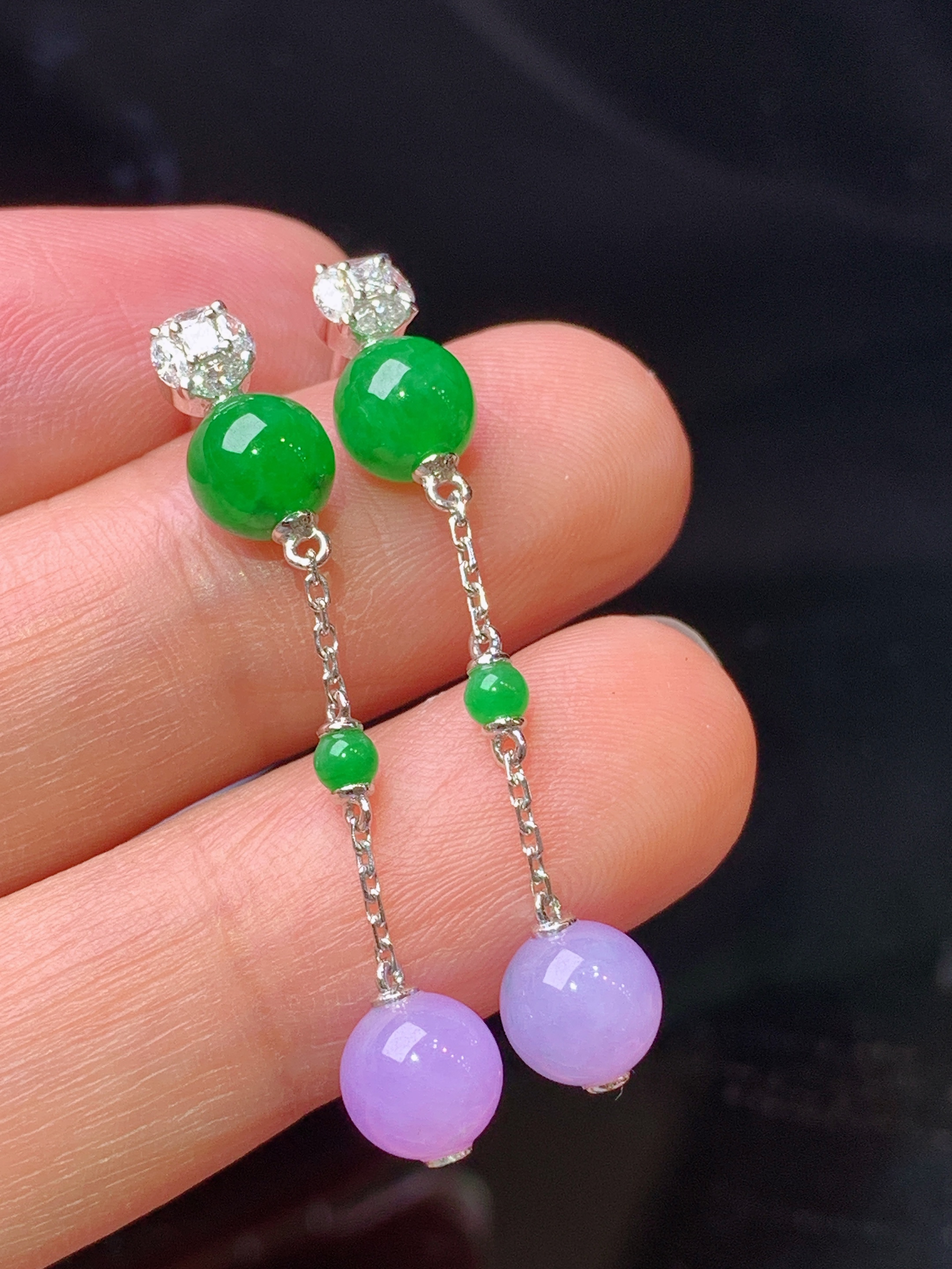 18k金钻镶嵌紫罗兰满绿圆组合耳坠 玉质细腻 色泽艳丽清新 水润亮眼 整体尺寸36.5*6.2m5