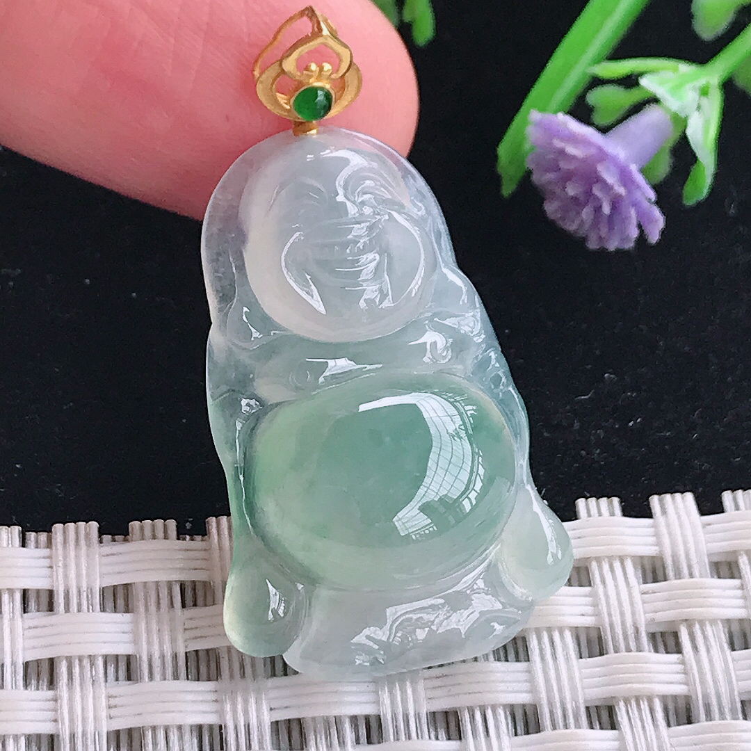 实拍A货翡翠29.6/19/6.2老坑18k金镶嵌冰胶冰晴站佛吊坠翡翠玉佛