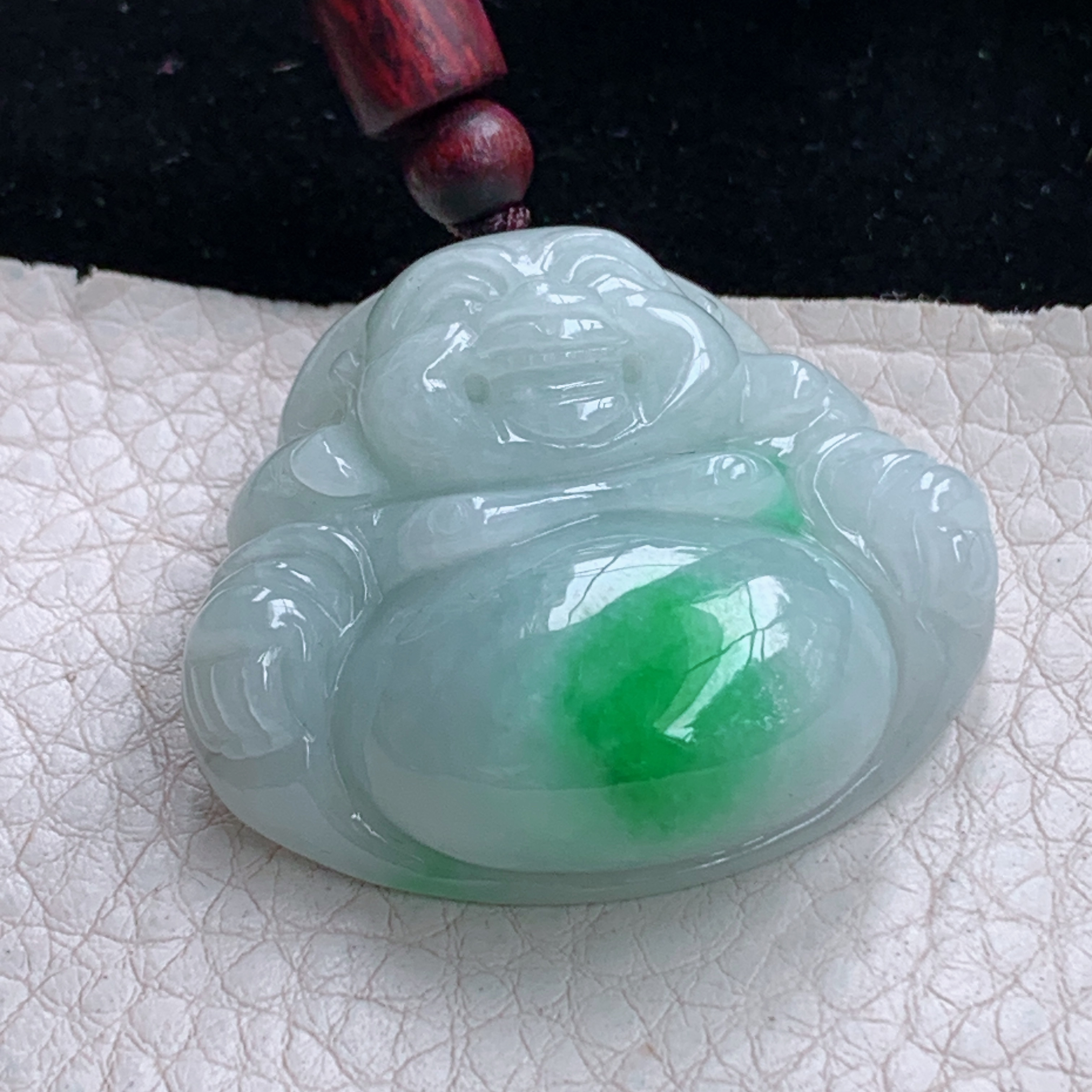 zen实拍34*39*12.8缅甸翡翠飘阳绿佛公吊坠大肚弥勒佛像项坠白底青